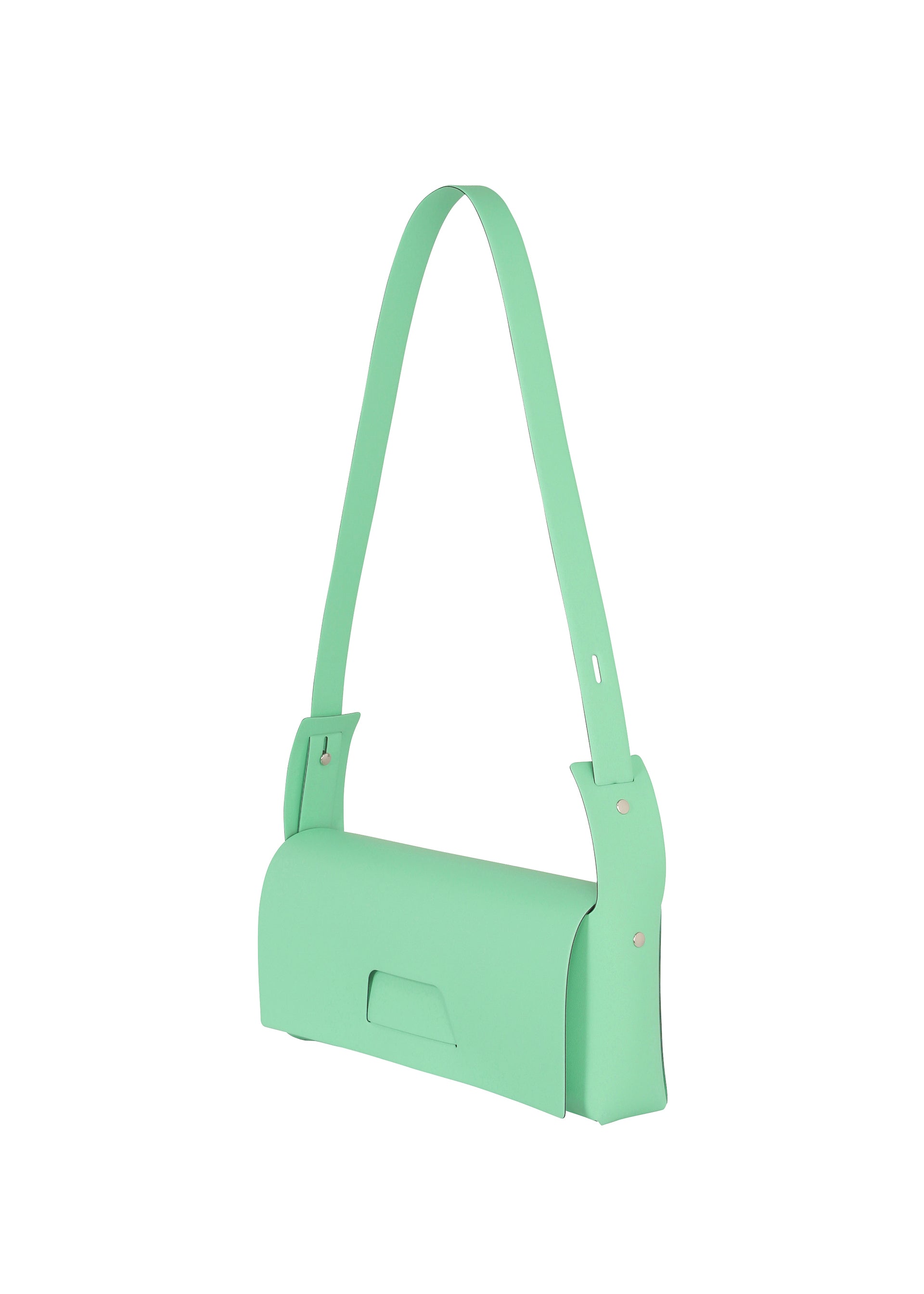 Zoomed view The BOX by GOOD GOODS ISSEY MIYAKE is a minimalist mint green rectangular bag featuring a structured body, long strap, and small front flap opening.
