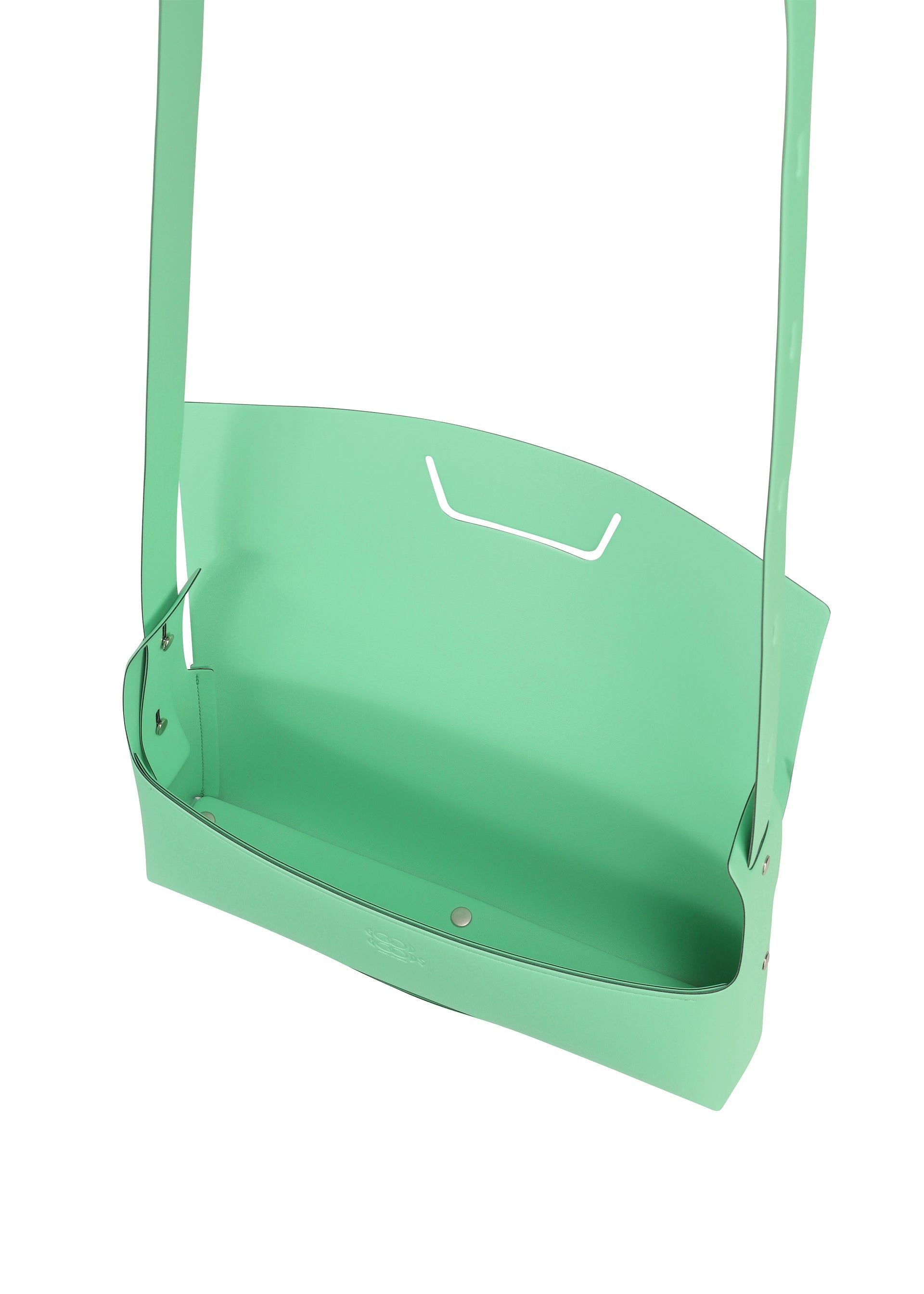 Zoomed view The BOX by GOOD GOODS ISSEY MIYAKE is a mint green, open-top rectangular metal basket with side handles and a small cut-out on the back, inspired by box-shaped bags.
