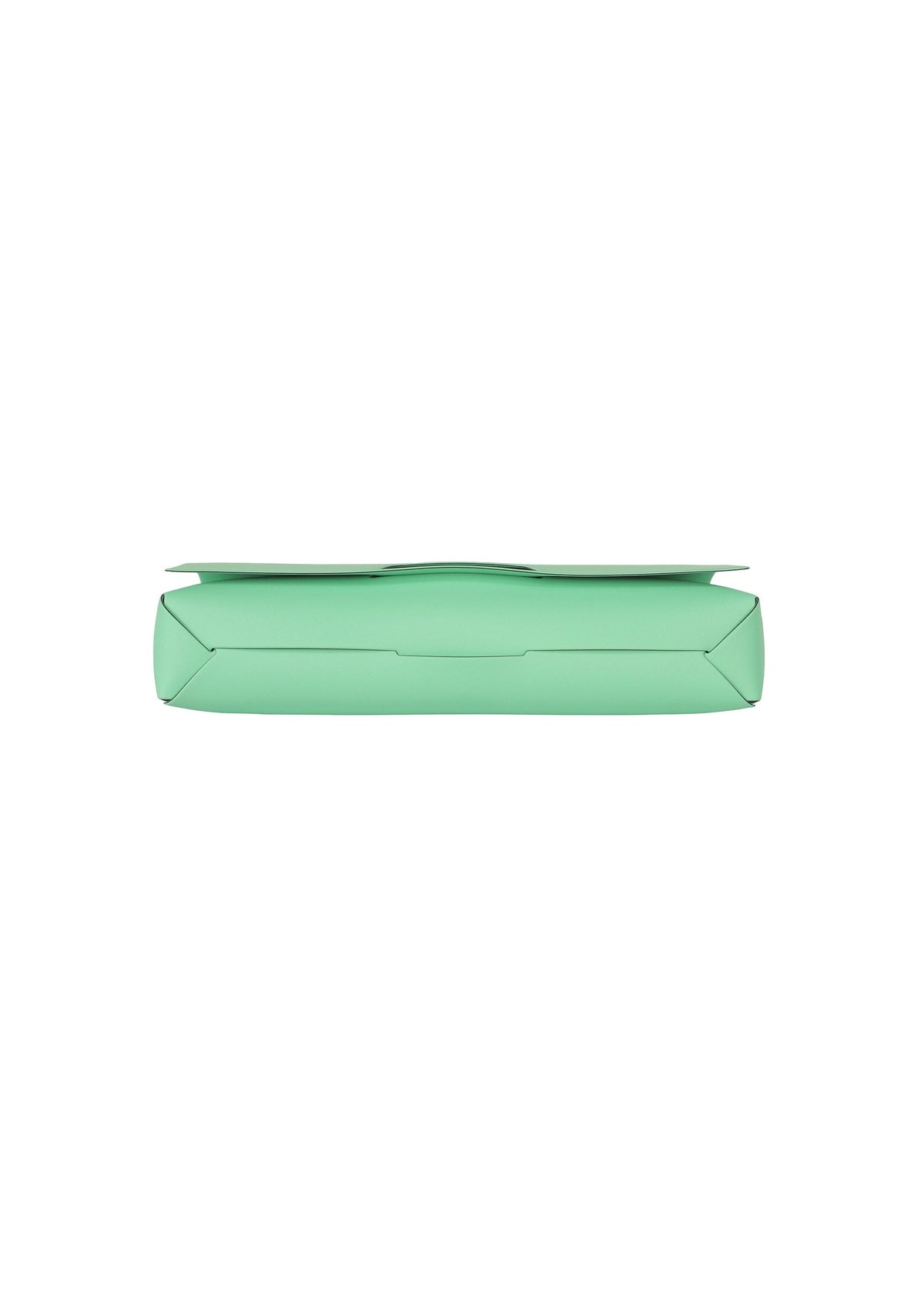 A flat, rectangular, mint green object resembling a closed envelope is seen from the side against a white background. This sleek item is BOX by GOOD GOODS ISSEY MIYAKE, inspired by box-shaped bags—perhaps the 26SS new model. view 5 of 9