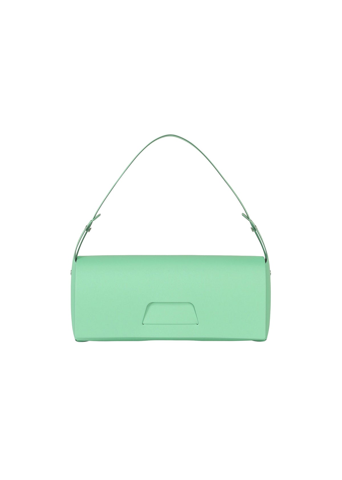 The BOX handbag by GOOD GOODS ISSEY MIYAKE is a minimalist mint green bag with a cylindrical shape, curved top handle, and small rectangular front flap, inspired by box-shaped designs and shown on a white background. view 6 of 9