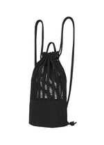 The MOKKO KNAPSACK by GOOD GOODS ISSEY MIYAKE is a black knit bag featuring a smooth base, perforated cut-out upper design, two thin adjustable shoulder straps, and a washable structure that stands upright. - BLACK （no.15）