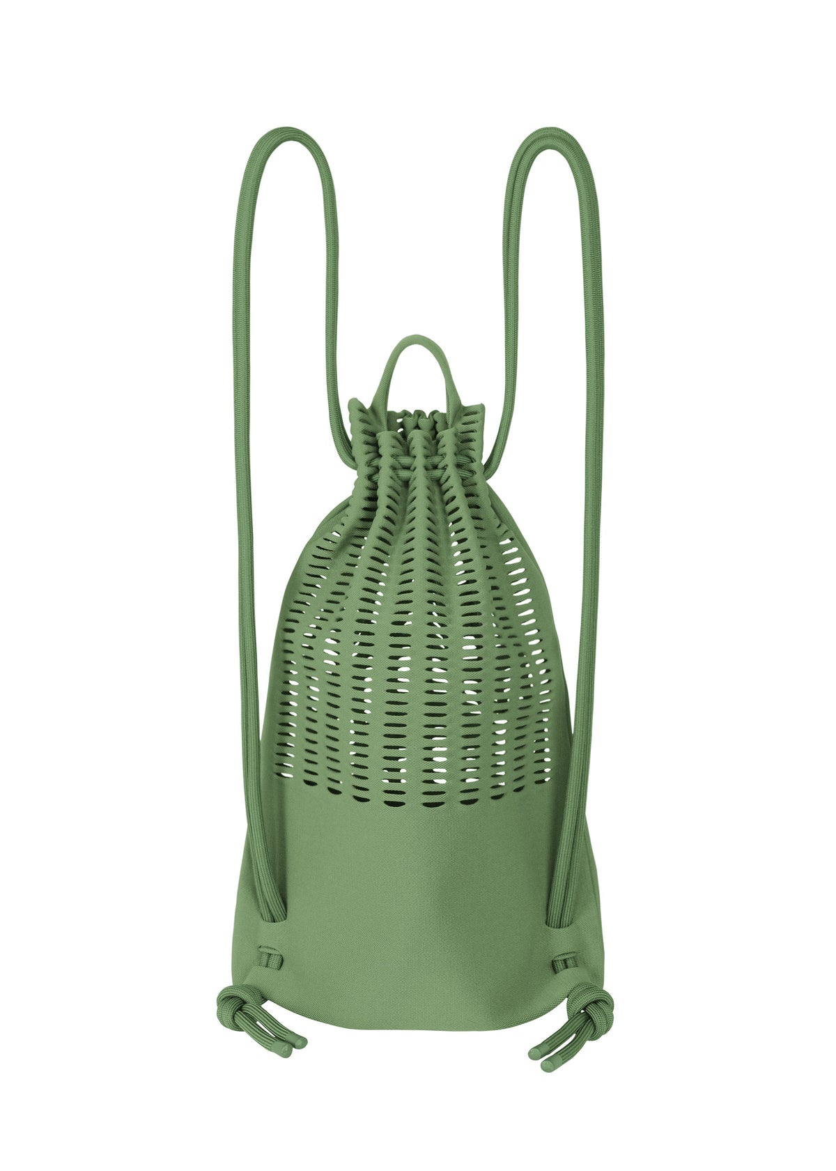 The MOKKO KNAPSACK by GOOD GOODS ISSEY MIYAKE is a green, washable knit bag with a woven lattice upper, solid lower section, adjustable shoulder straps, and knotted ends. view 2 of 6