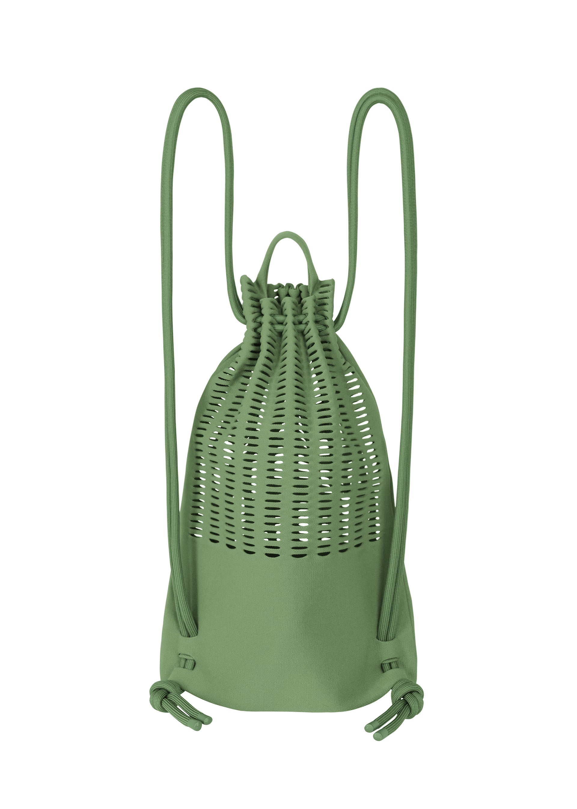 Zoomed view The MOKKO KNAPSACK by GOOD GOODS ISSEY MIYAKE is a green, washable knit bag with a woven lattice upper, solid lower section, adjustable shoulder straps, and knotted ends.