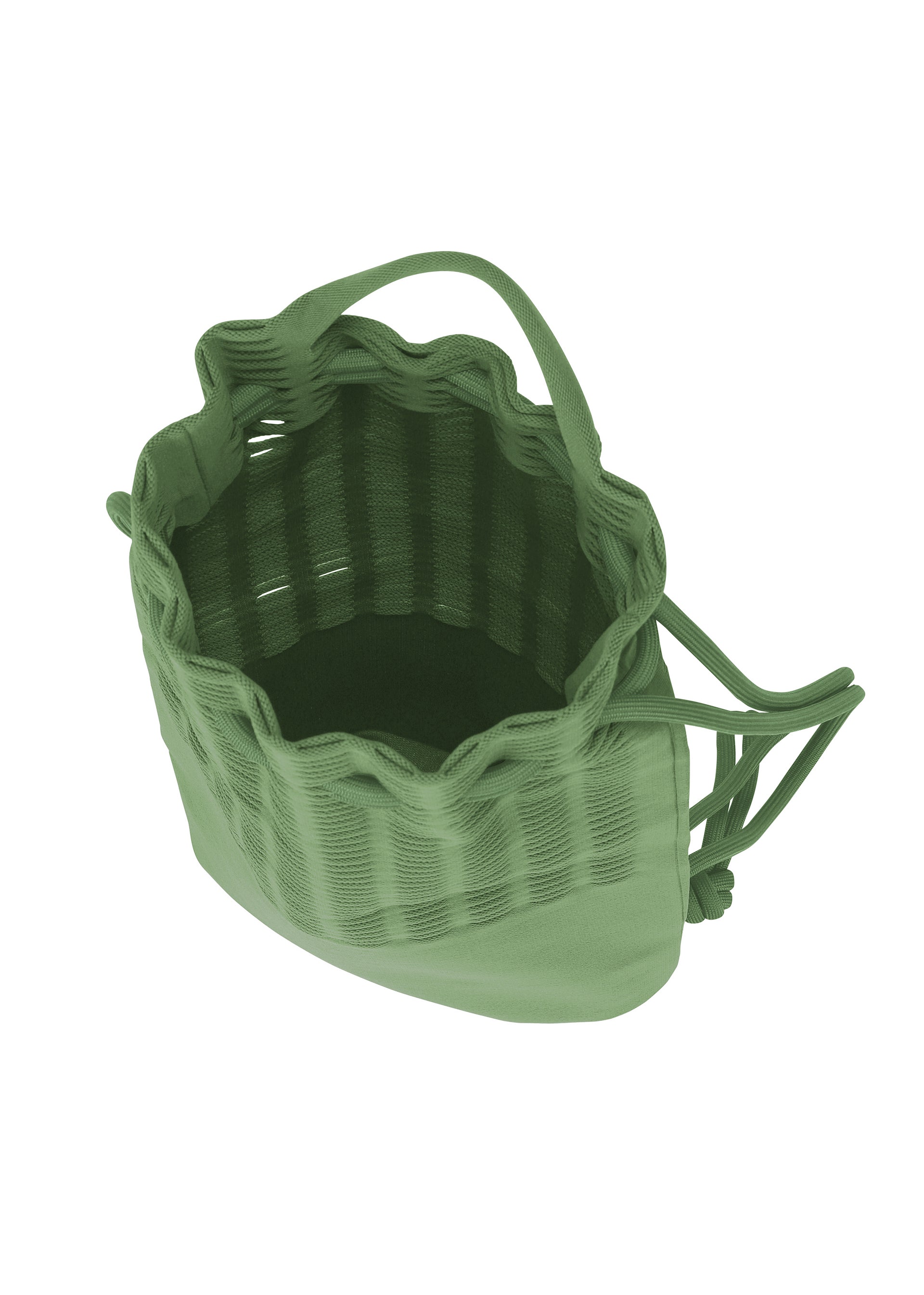 Zoomed view The MOKKO KNAPSACK by GOOD GOODS ISSEY MIYAKE is a green woven bag with a wavy top, short handles, adjustable shoulder strap, and drawstring closure; shown from above to highlight its spacious open interior.