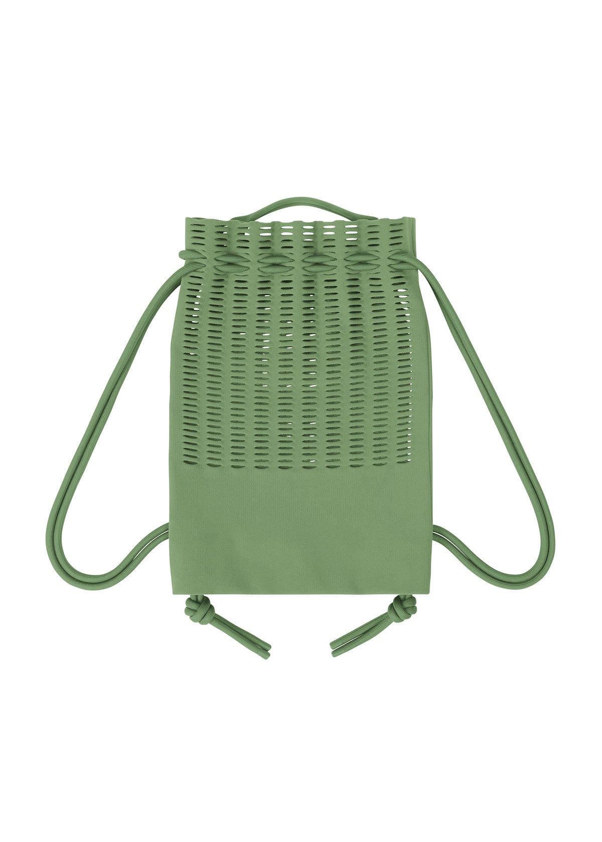 The MOKKO KNAPSACK by GOOD GOODS ISSEY MIYAKE is a lightweight, washable green mesh bag with wide upper slits, a solid bottom, and two knotted rope shoulder straps—perfect for daily use. view 4 of 6