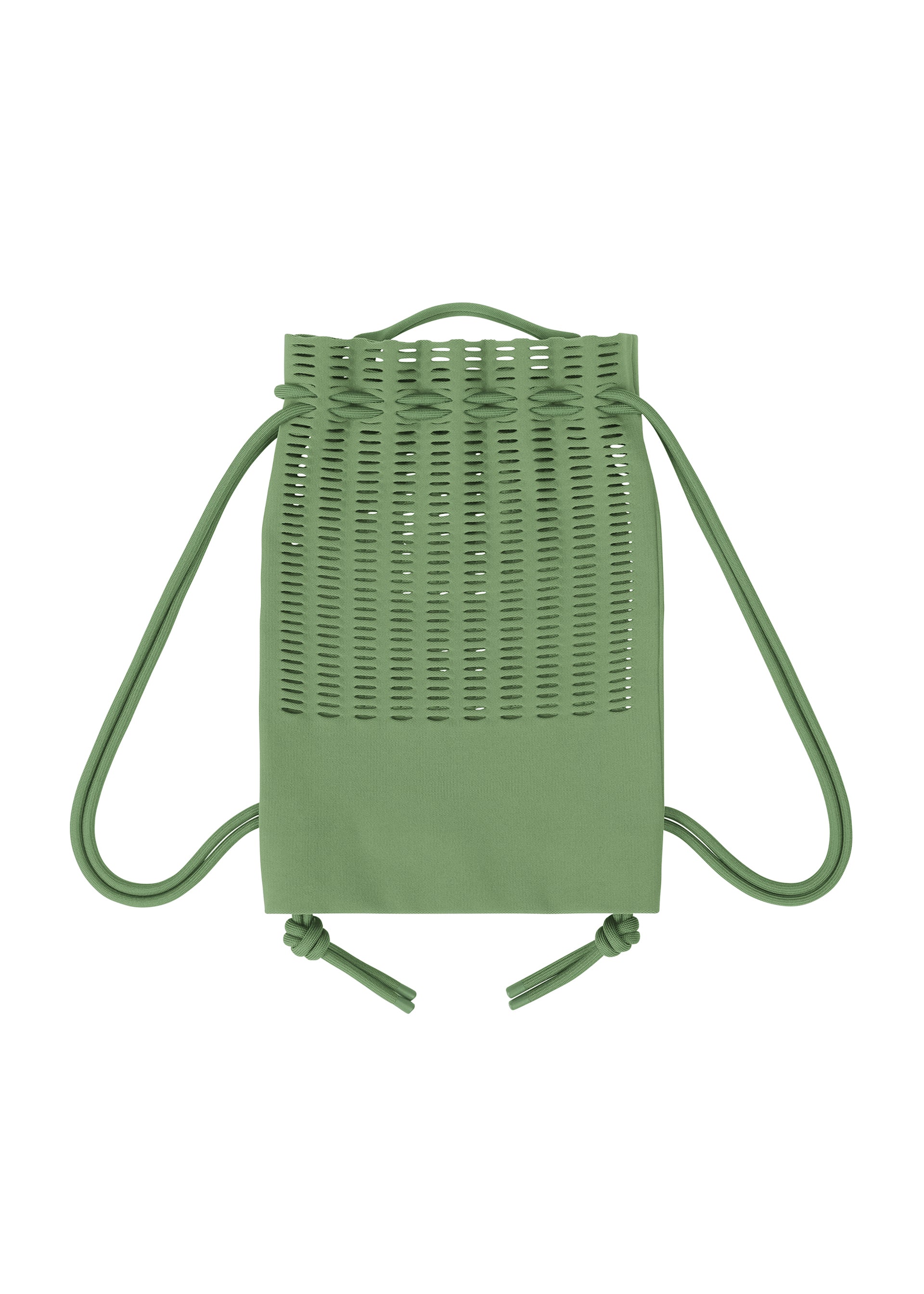 Zoomed view The MOKKO KNAPSACK by GOOD GOODS ISSEY MIYAKE is a lightweight, washable green mesh bag with wide upper slits, a solid bottom, and two knotted rope shoulder straps—perfect for daily use.