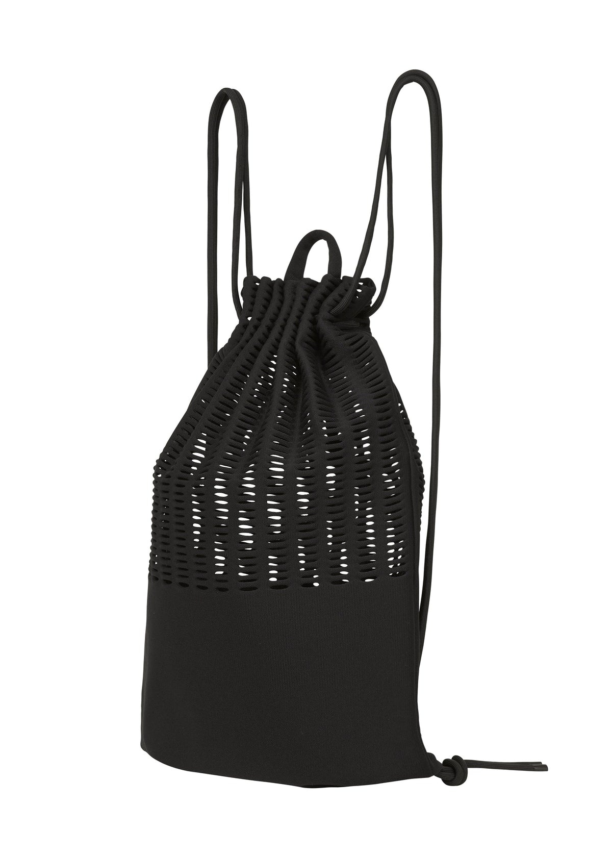 The MOKKO KNAPSACK by GOOD GOODS ISSEY MIYAKE is a black, washable bag with a perforated mesh upper, solid lower section, thin adjustable shoulder straps, and drawstring closure for a stylish look. view 1 of 6