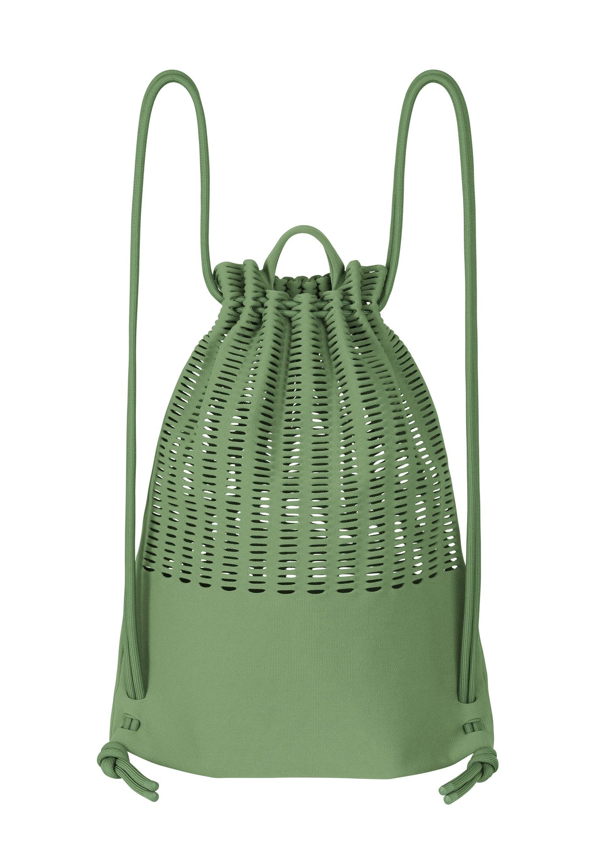 The MOKKO KNAPSACK by GOOD GOODS ISSEY MIYAKE is a green knit bag with an open-lattice top, solid bottom, and two adjustable shoulder straps for comfort. view 2 of 6