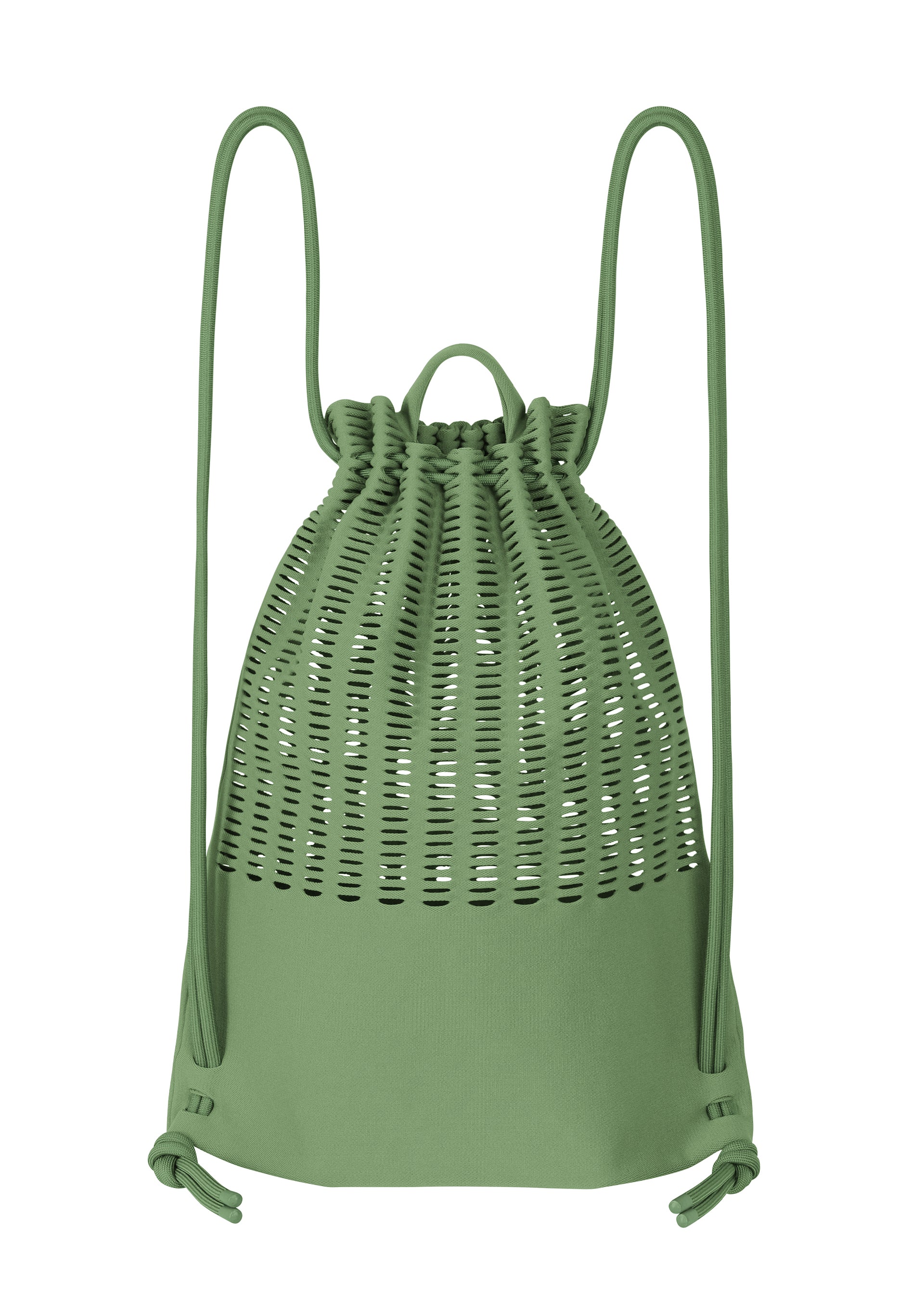Zoomed view The MOKKO KNAPSACK by GOOD GOODS ISSEY MIYAKE is a green knit bag with an open-lattice top, solid bottom, and two adjustable shoulder straps for comfort.