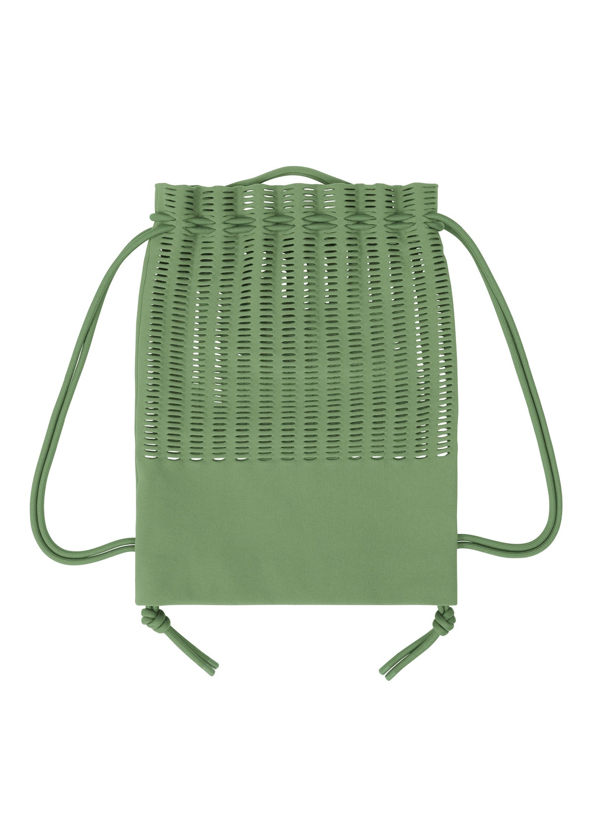 The MOKKO KNAPSACK by GOOD GOODS ISSEY MIYAKE is a green drawstring backpack with a woven lattice upper and solid bottom, featuring green cords for a stylish, functional look. view 4 of 6