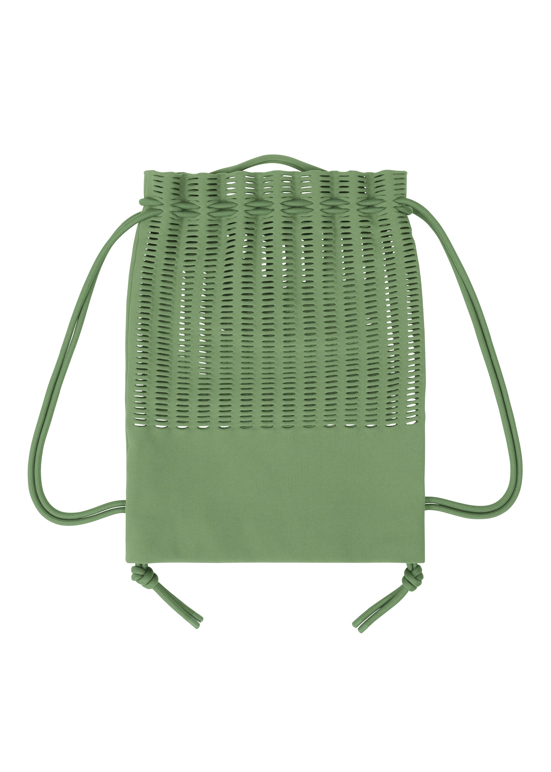 Zoomed view The MOKKO KNAPSACK by GOOD GOODS ISSEY MIYAKE is a green drawstring backpack with a woven lattice upper and solid bottom, featuring green cords for a stylish, functional look.
