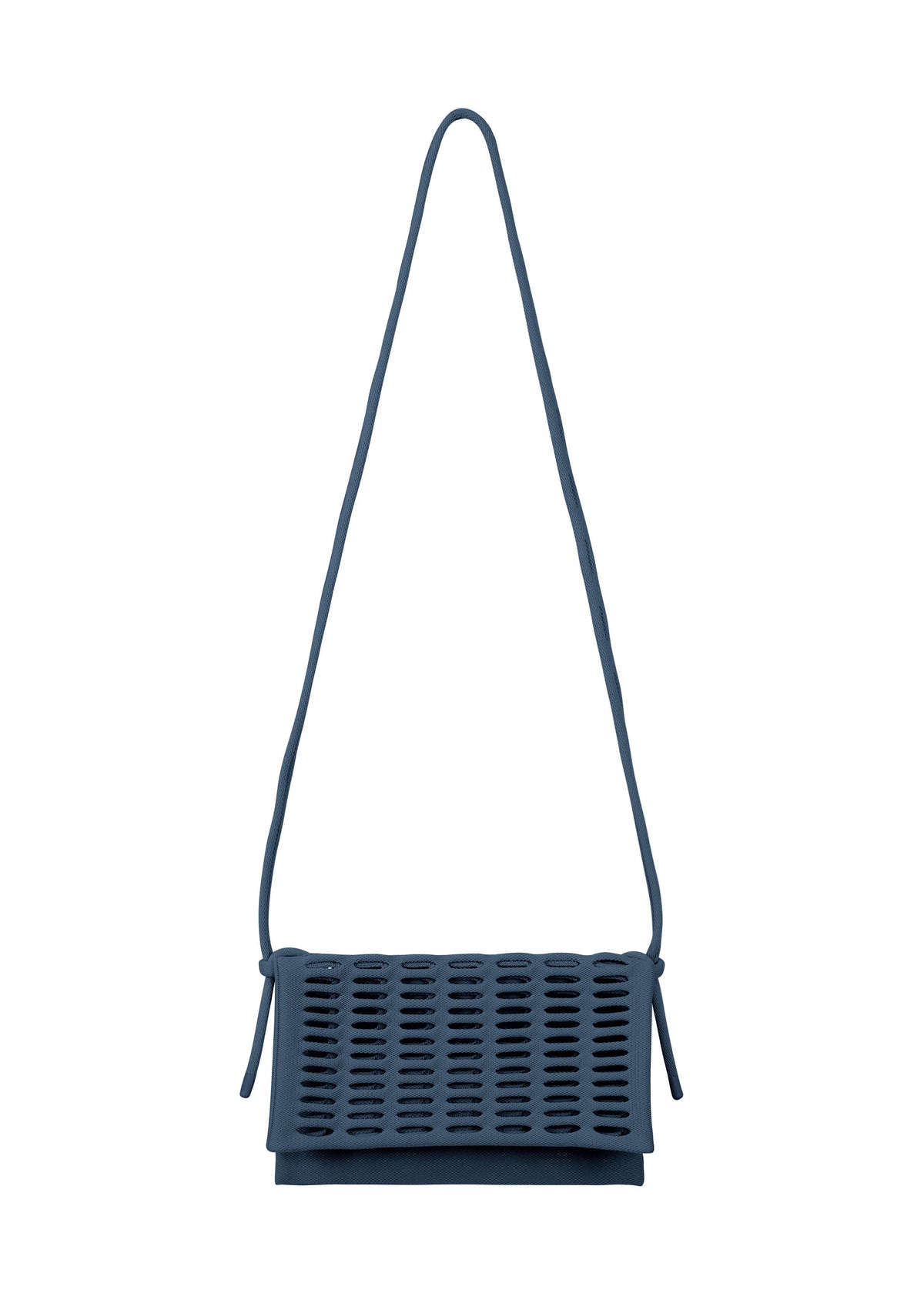 The MOKKO FLAP POUCH by GOOD GOODS ISSEY MIYAKE is a dark blue, washable shoulder bag with a long strap and rectangular flap featuring a grid-like cut-out pattern—both stylish and practical. view 12 of 12