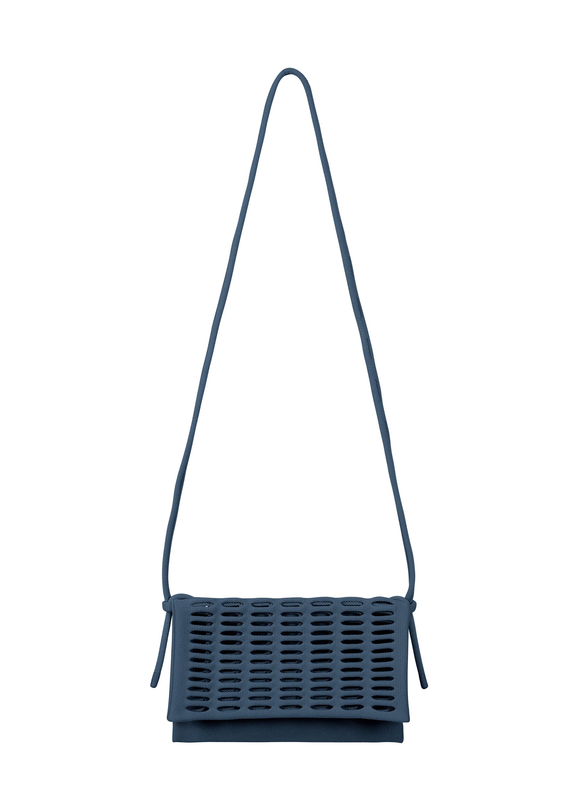 Zoomed view The MOKKO FLAP POUCH by GOOD GOODS ISSEY MIYAKE is a dark blue, washable shoulder bag with a long strap and rectangular flap featuring a grid-like cut-out pattern—both stylish and practical. - MARINE BLUE （no.79）