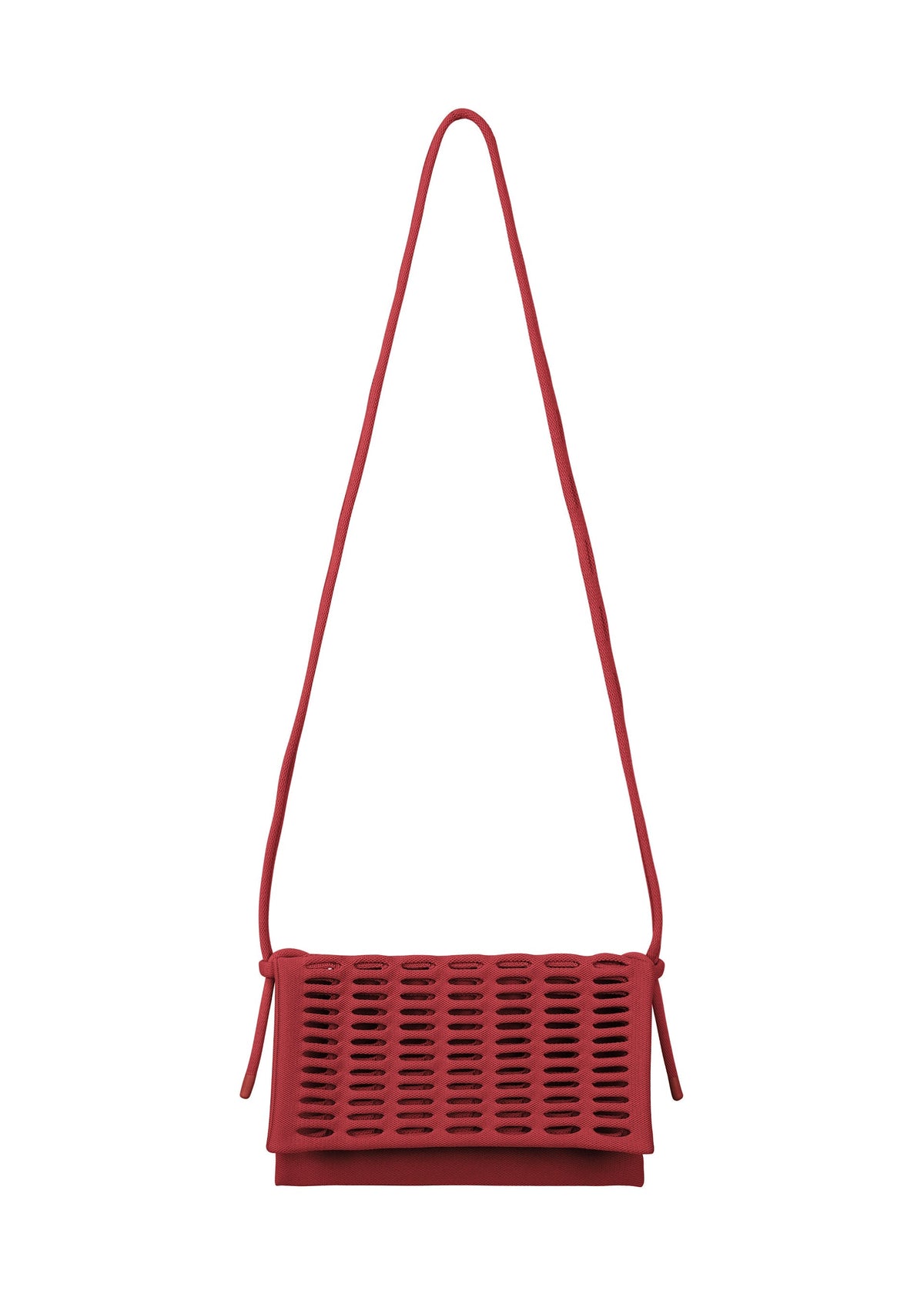 The MOKKO FLAP POUCH by GOOD GOODS ISSEY MIYAKE is a small red shoulder bag with a long strap, flap front, and horizontal cut-out slits—stylish, washable, and ideal for carrying everyday essentials. view 1 of 12