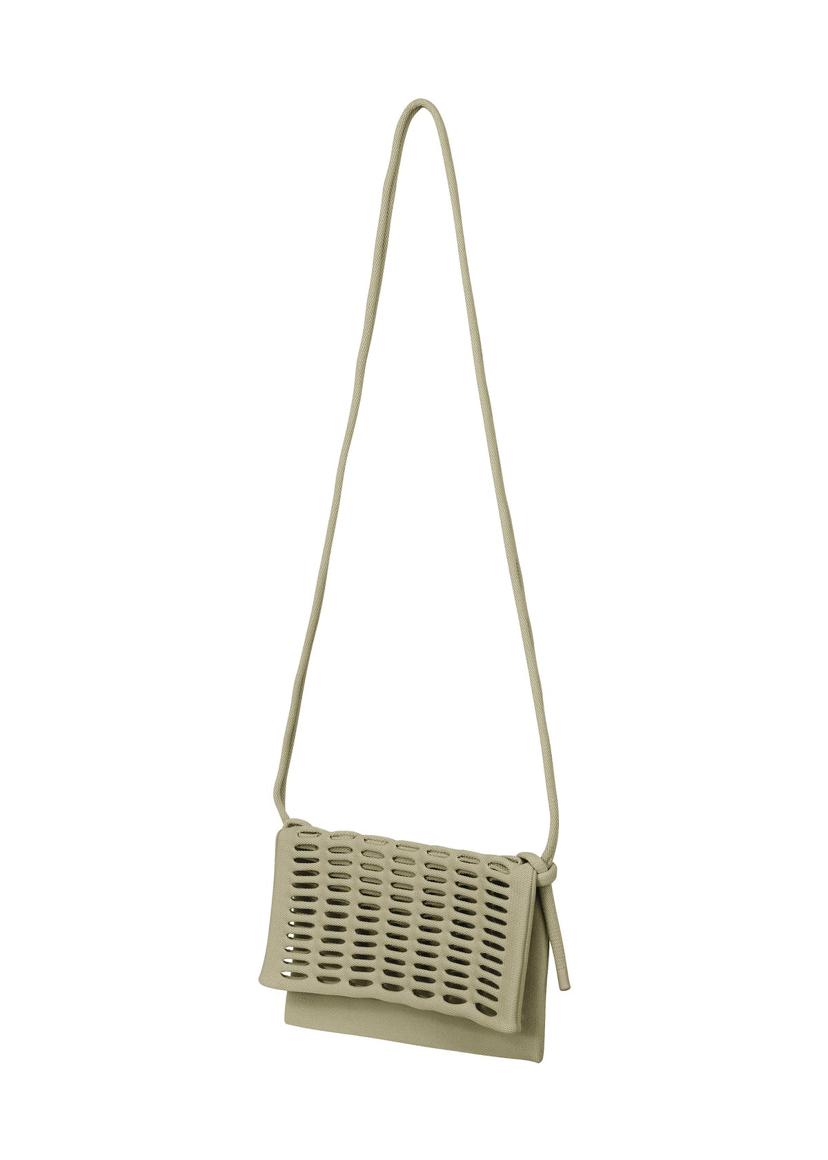 A close-up of the MOKKO FLAP POUCH by GOOD GOODS ISSEY MIYAKE, highlighting its textured knit design and versatile, stylish look. view 2 of 12