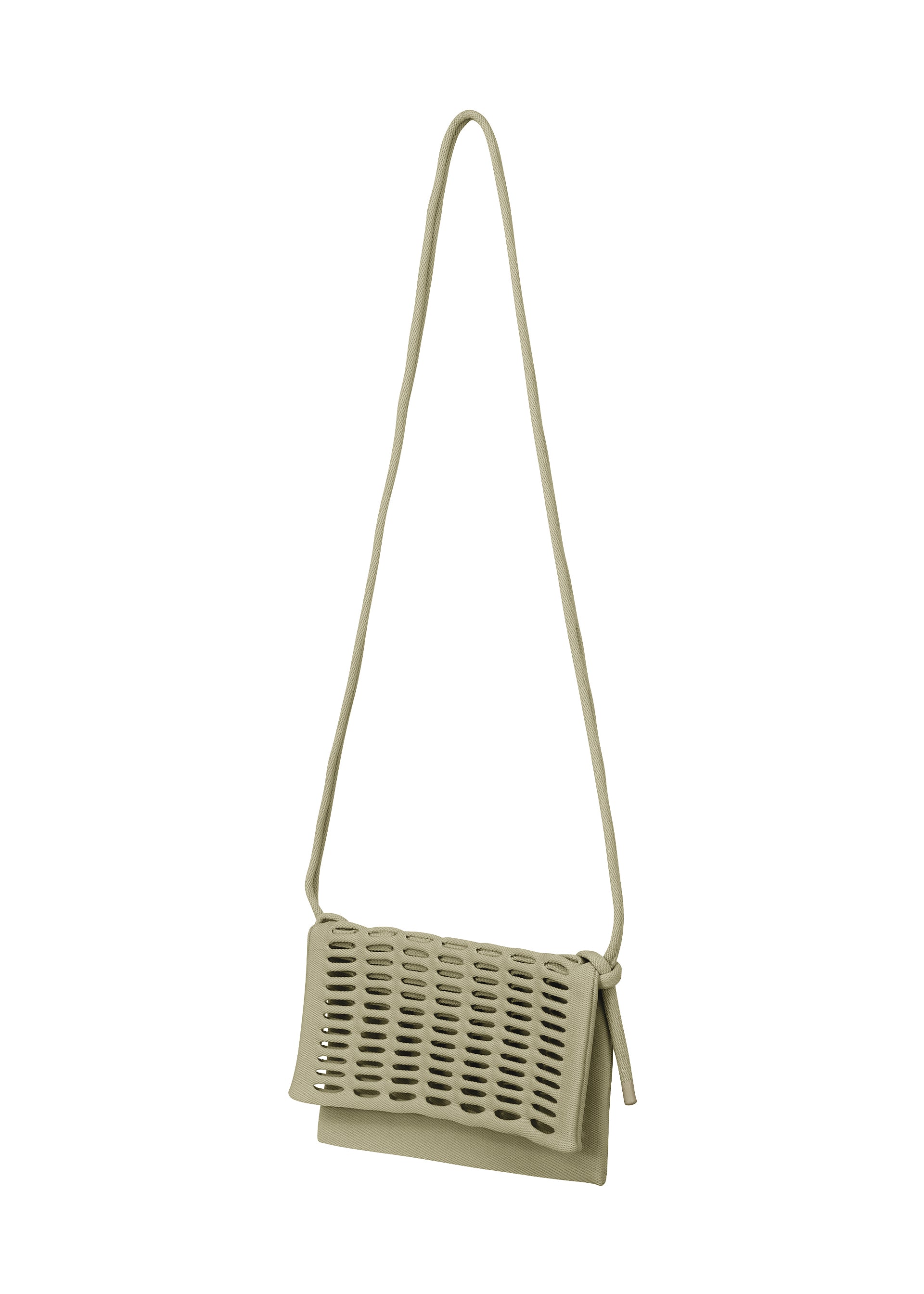 Zoomed view A close-up of the MOKKO FLAP POUCH by GOOD GOODS ISSEY MIYAKE, highlighting its textured knit design and versatile, stylish look.