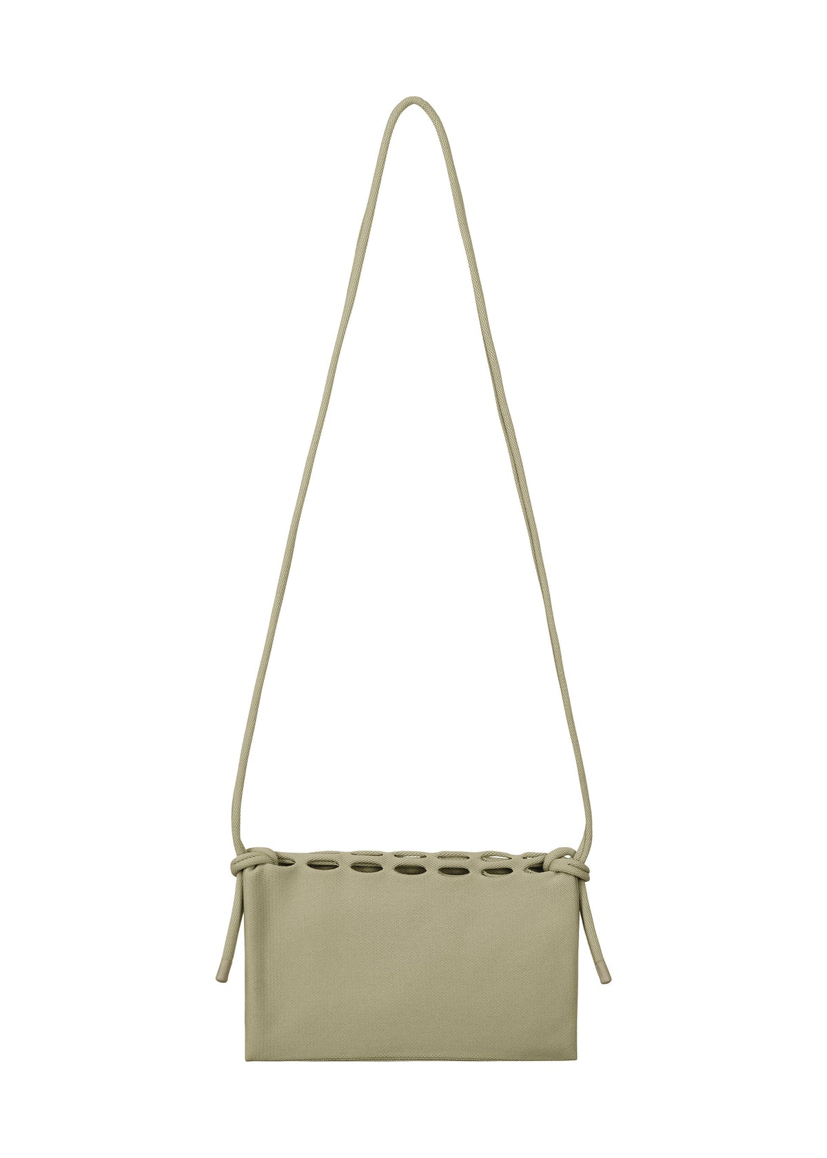 The MOKKO FLAP POUCH by GOOD GOODS ISSEY MIYAKE is a light beige rectangular shoulder bag with a long strap and circular cutouts along the top. Displayed on a plain white background, this washable pouch blends style with everyday convenience. view 3 of 12