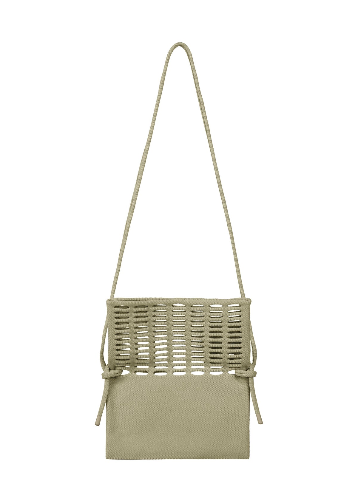 The MOKKO FLAP POUCH by GOOD GOODS ISSEY MIYAKE is a beige shoulder bag with a woven knit upper, smooth solid lower half, long thin strap, and tied side details. Washable for daily use, it's both stylish and practical. view 4 of 12