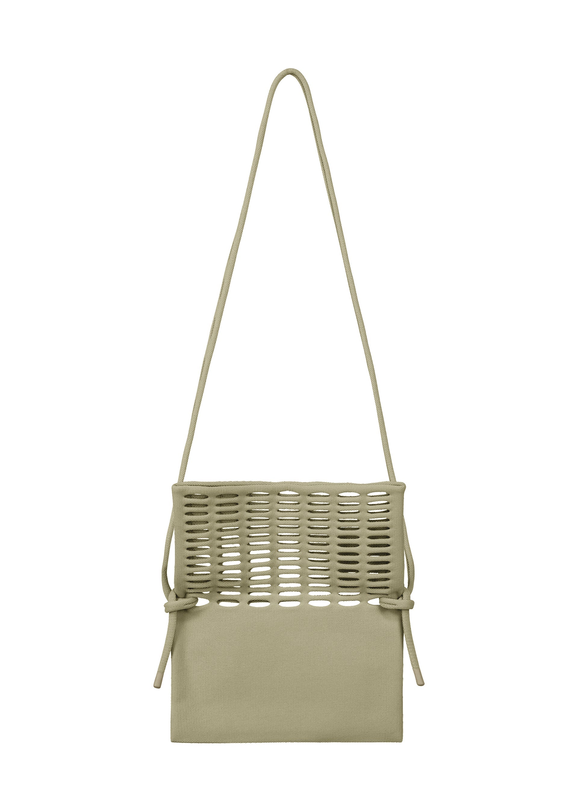 Zoomed view The MOKKO FLAP POUCH by GOOD GOODS ISSEY MIYAKE is a beige shoulder bag with a woven knit upper, smooth solid lower half, long thin strap, and tied side details. Washable for daily use, it's both stylish and practical.