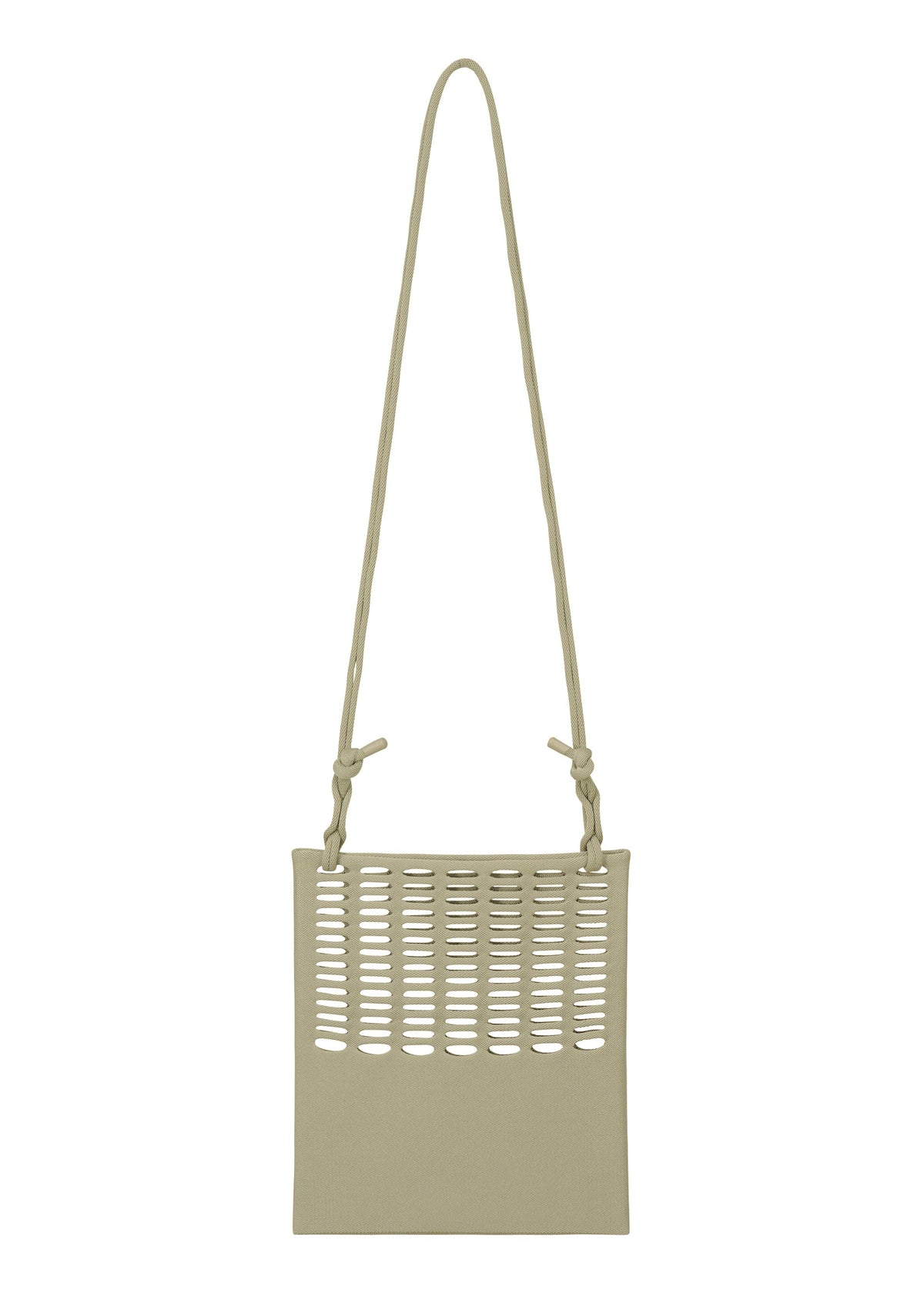 The MOKKO FLAP POUCH by GOOD GOODS ISSEY MIYAKE is a beige, square shoulder bag with side knots, cutout pattern on the upper front, and a long strap. This washable bag is shown against a plain white background. view 5 of 12