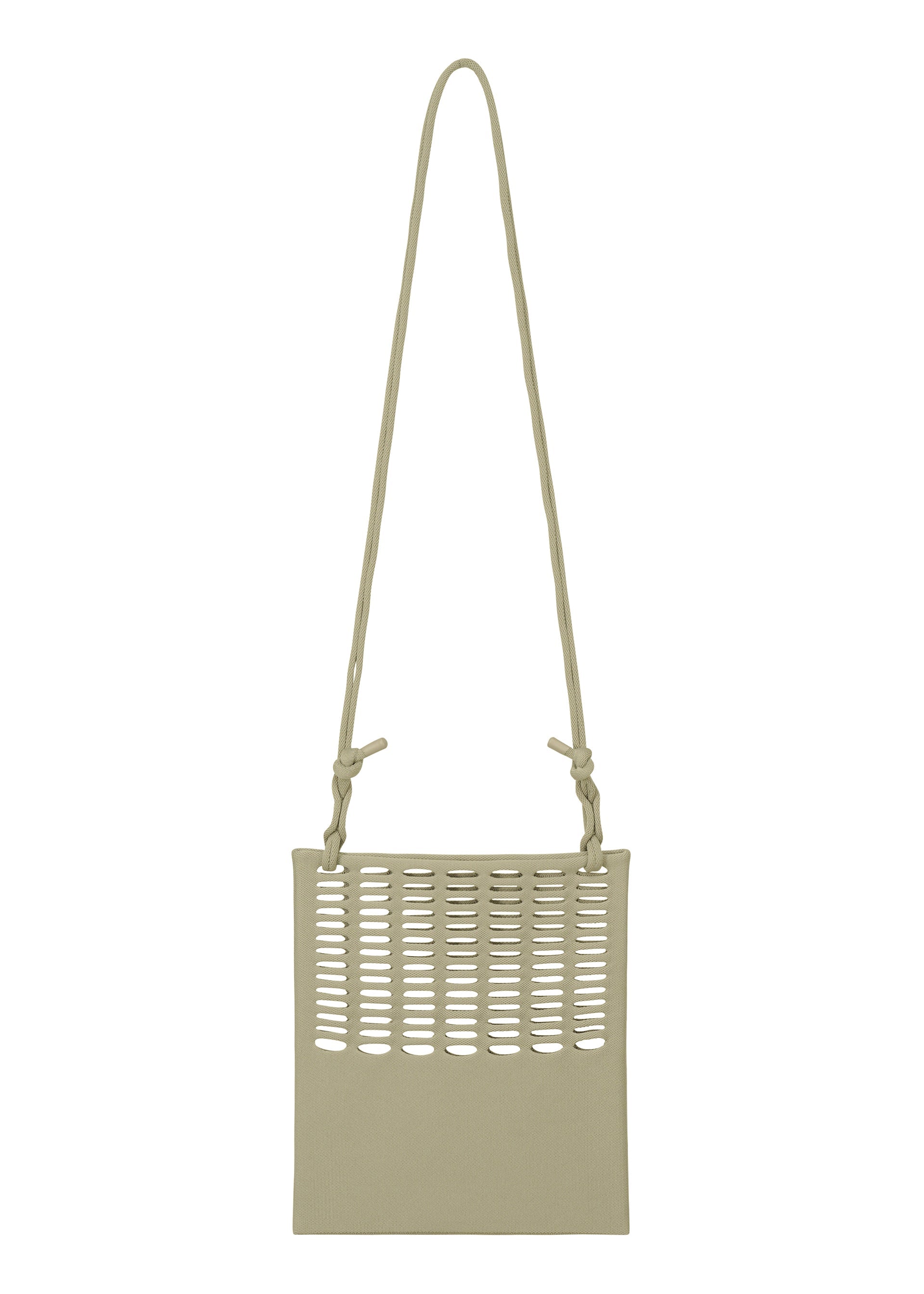 Zoomed view The MOKKO FLAP POUCH by GOOD GOODS ISSEY MIYAKE is a beige, square shoulder bag with side knots, cutout pattern on the upper front, and a long strap. This washable bag is shown against a plain white background.