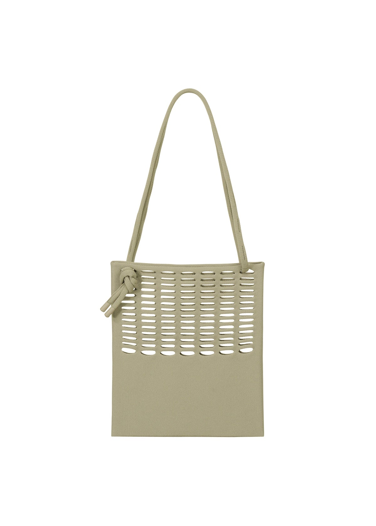 The MOKKO FLAP POUCH by GOOD GOODS ISSEY MIYAKE is a beige, washable shoulder bag with a single strap, horizontal cut-out slits on the upper half, a knot detail at the strap base, and a minimalist modern design. view 6 of 12