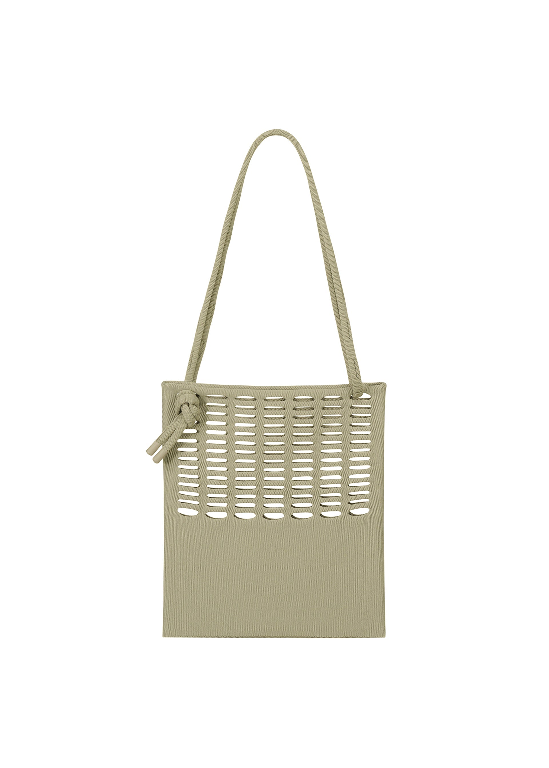 Zoomed view The MOKKO FLAP POUCH by GOOD GOODS ISSEY MIYAKE is a beige, washable shoulder bag with a single strap, horizontal cut-out slits on the upper half, a knot detail at the strap base, and a minimalist modern design.