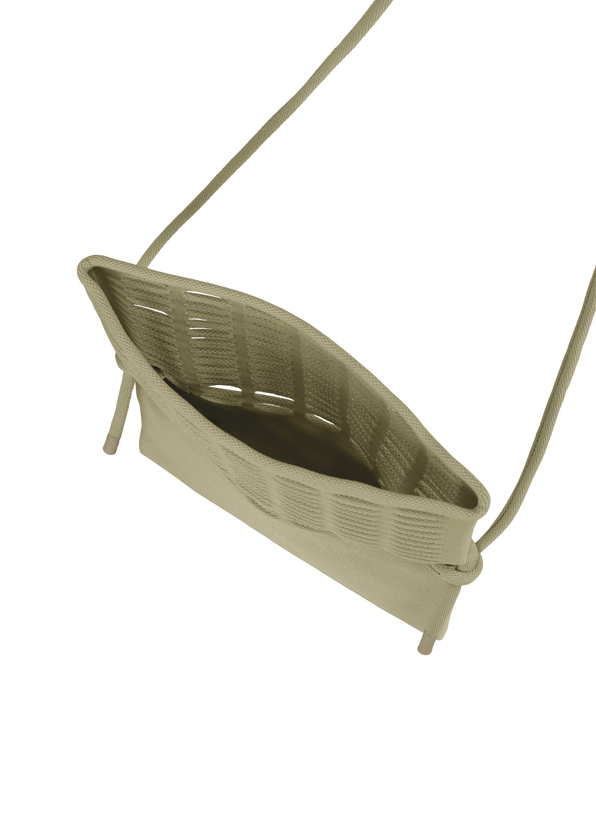 Zoomed view The MOKKO FLAP POUCH by GOOD GOODS ISSEY MIYAKE is a small olive-green knit crossbody bag with a textured exterior, long thin strap, and open top. Shown angled on white, this washable pouch offers stylish design and easy care.