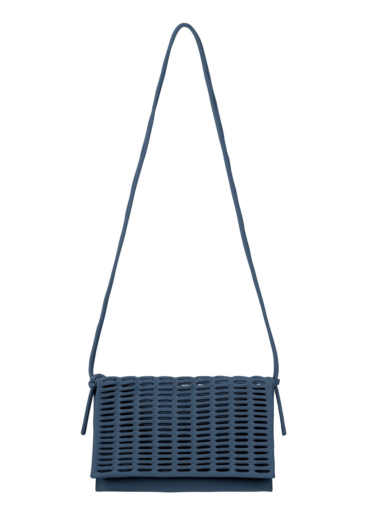 The MOKKO FLAP POUCH by GOOD GOODS ISSEY MIYAKE is a blue, washable shoulder bag with a minimalist, modern design. It features a long strap and flap closure with evenly spaced horizontal cutouts. view 12 of 12