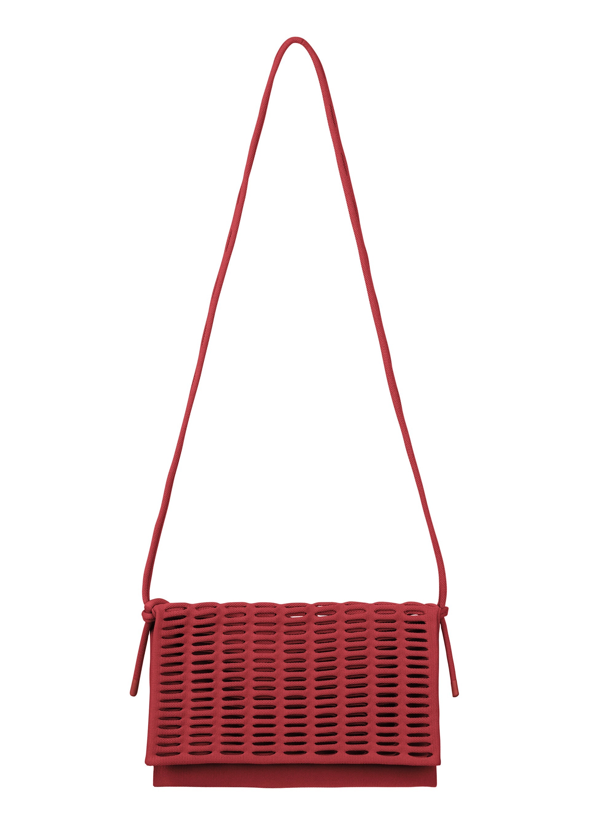 Zoomed view The MOKKO FLAP POUCH by GOOD GOODS ISSEY MIYAKE is a red shoulder bag with a long strap and a flap of evenly spaced horizontal cutouts. Washable and modern, it’s ideal for everyday use with its minimalist design. - BORDEAUX （no.84）