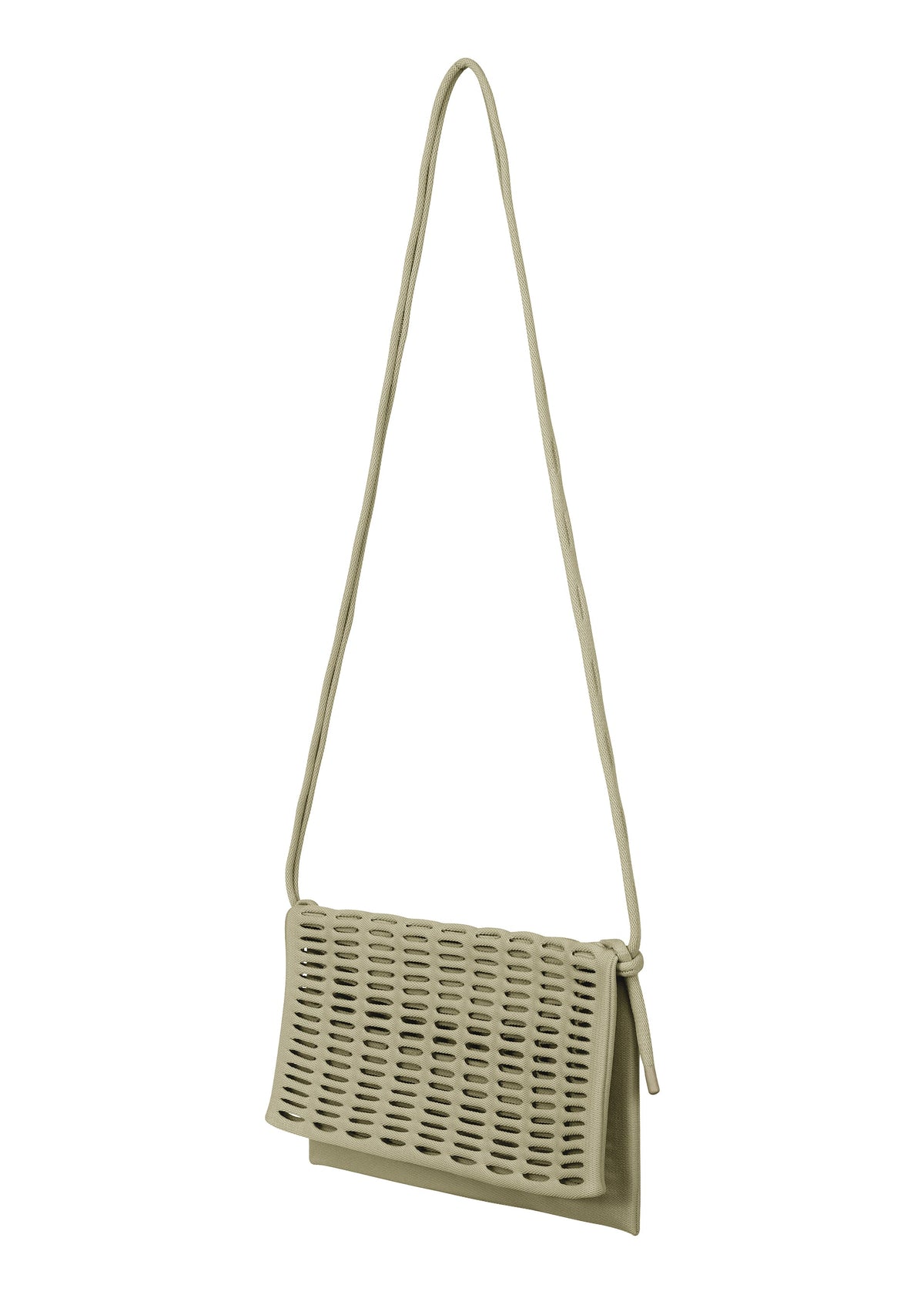 The MOKKO FLAP POUCH by GOOD GOODS ISSEY MIYAKE is a beige shoulder bag with a long strap and front flap featuring a woven cutout pattern—perfect for stylish everyday use. view 2 of 12