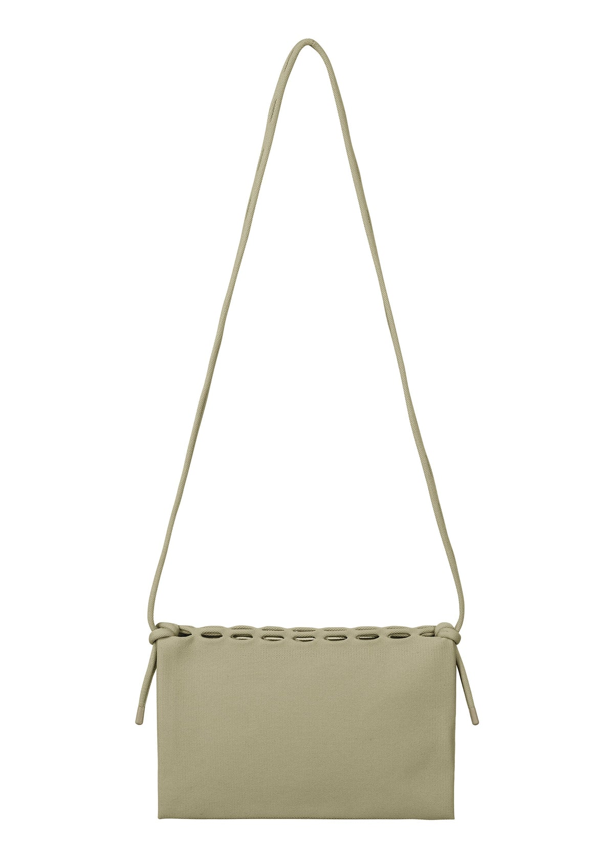 The MOKKO FLAP POUCH by GOOD GOODS ISSEY MIYAKE is a beige, rectangular shoulder bag featuring a long strap and oval cutouts along the top. This minimalist, washable pouch is shown against a white background. view 3 of 12