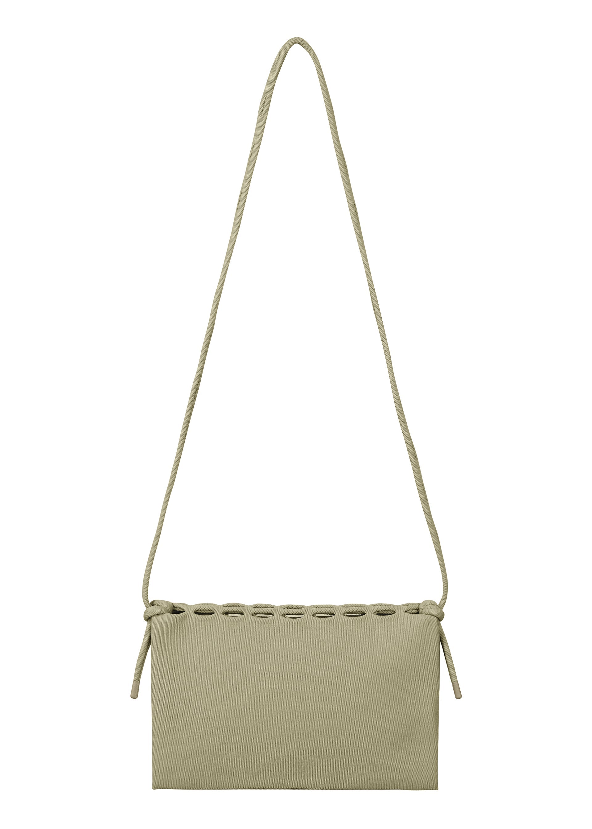 Zoomed view The MOKKO FLAP POUCH by GOOD GOODS ISSEY MIYAKE is a beige, rectangular shoulder bag featuring a long strap and oval cutouts along the top. This minimalist, washable pouch is shown against a white background.