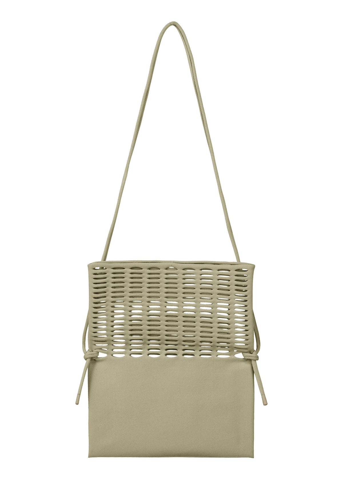 The MOKKO FLAP POUCH by GOOD GOODS ISSEY MIYAKE is a beige knit shoulder bag with a long strap, an open-top woven section over a solid rectangular base, and side ties for style and practicality. The bag is washable. view 4 of 12
