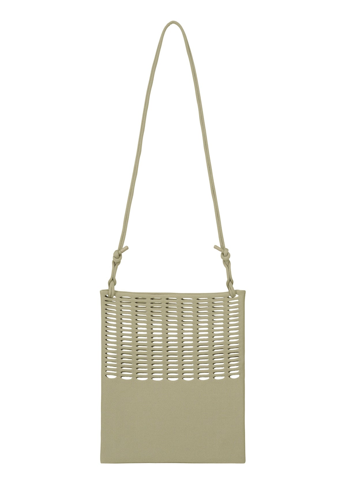 The MOKKO FLAP POUCH by GOOD GOODS ISSEY MIYAKE is a beige shoulder bag with a long strap, knotted sides, and a rectangular shape. It features a cut-out slotted upper half and is washable—perfect for stylish everyday use. view 5 of 12