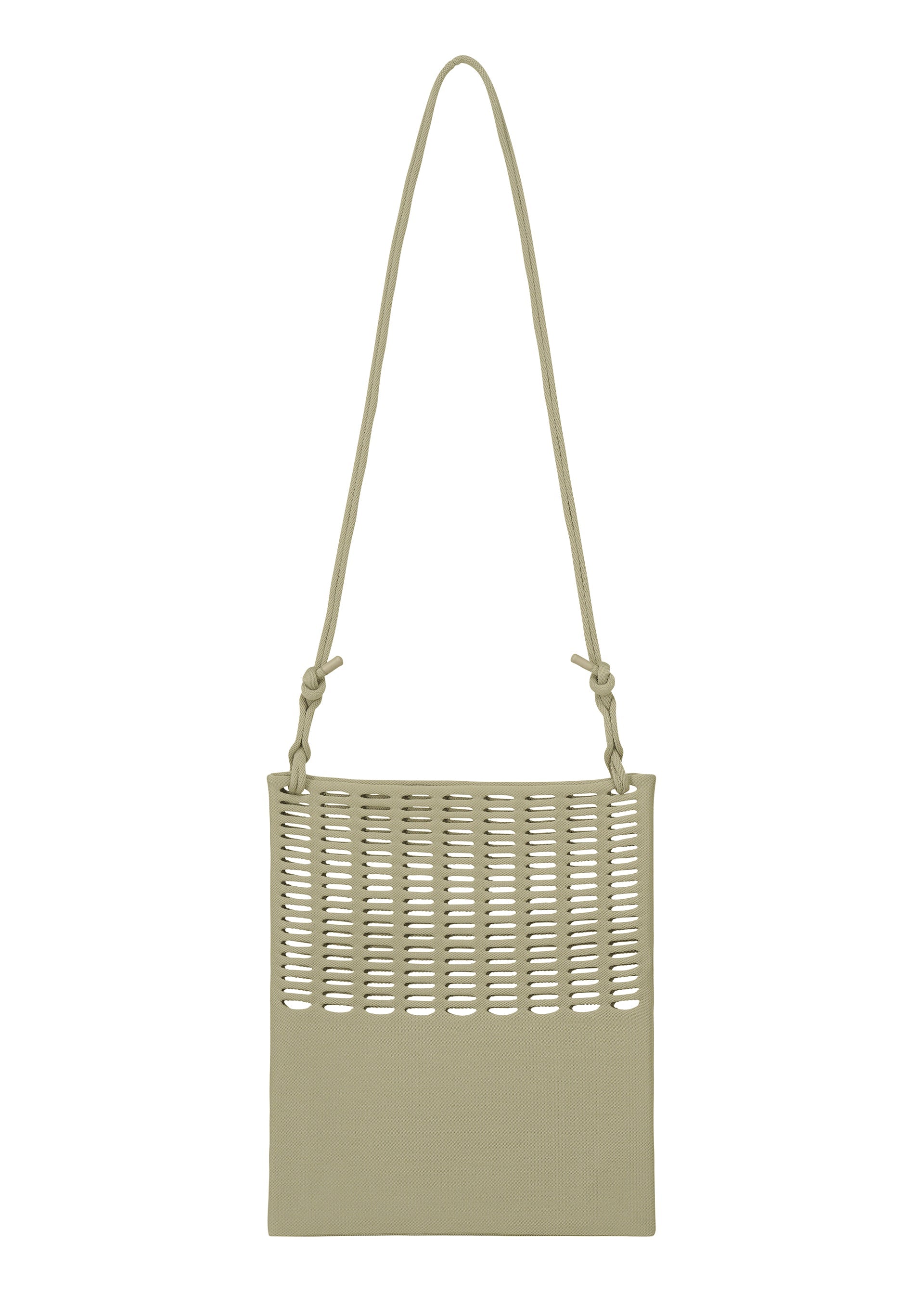 Zoomed view The MOKKO FLAP POUCH by GOOD GOODS ISSEY MIYAKE is a beige shoulder bag with a long strap, knotted sides, and a rectangular shape. It features a cut-out slotted upper half and is washable—perfect for stylish everyday use.