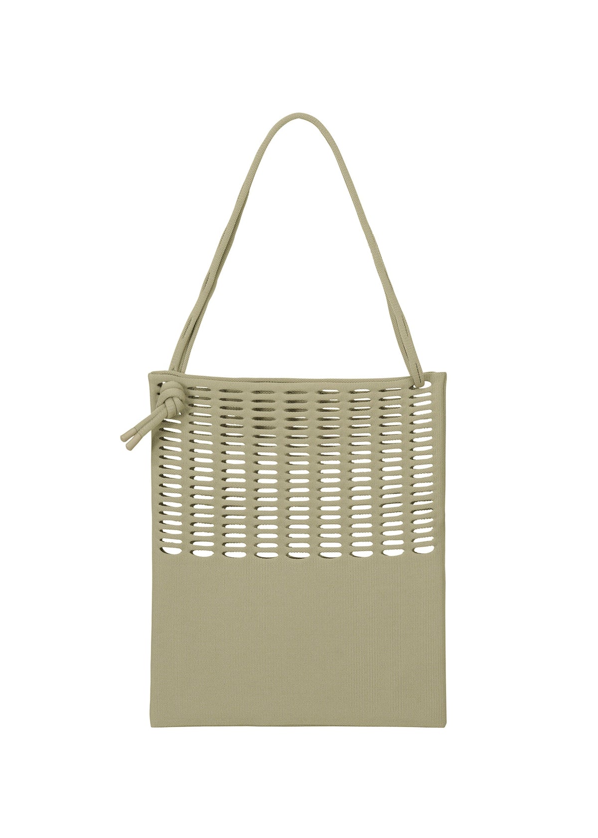 The MOKKO FLAP POUCH by GOOD GOODS ISSEY MIYAKE is a beige square shoulder bag with a knotted handle, cutout upper panel, and solid lower half. Stylish and washable, it offers elegance and everyday practicality. view 6 of 12