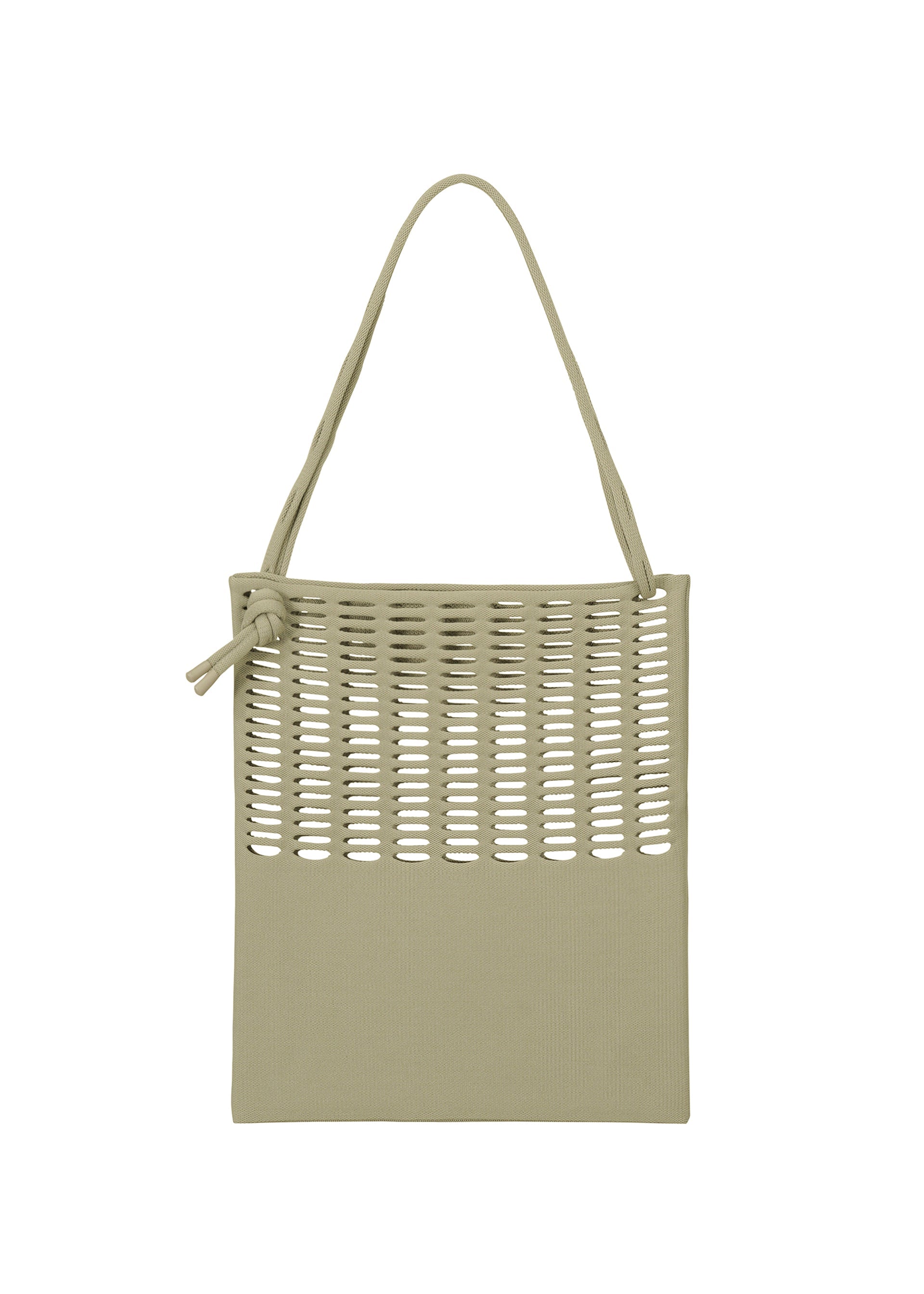 Zoomed view The MOKKO FLAP POUCH by GOOD GOODS ISSEY MIYAKE is a beige square shoulder bag with a knotted handle, cutout upper panel, and solid lower half. Stylish and washable, it offers elegance and everyday practicality.