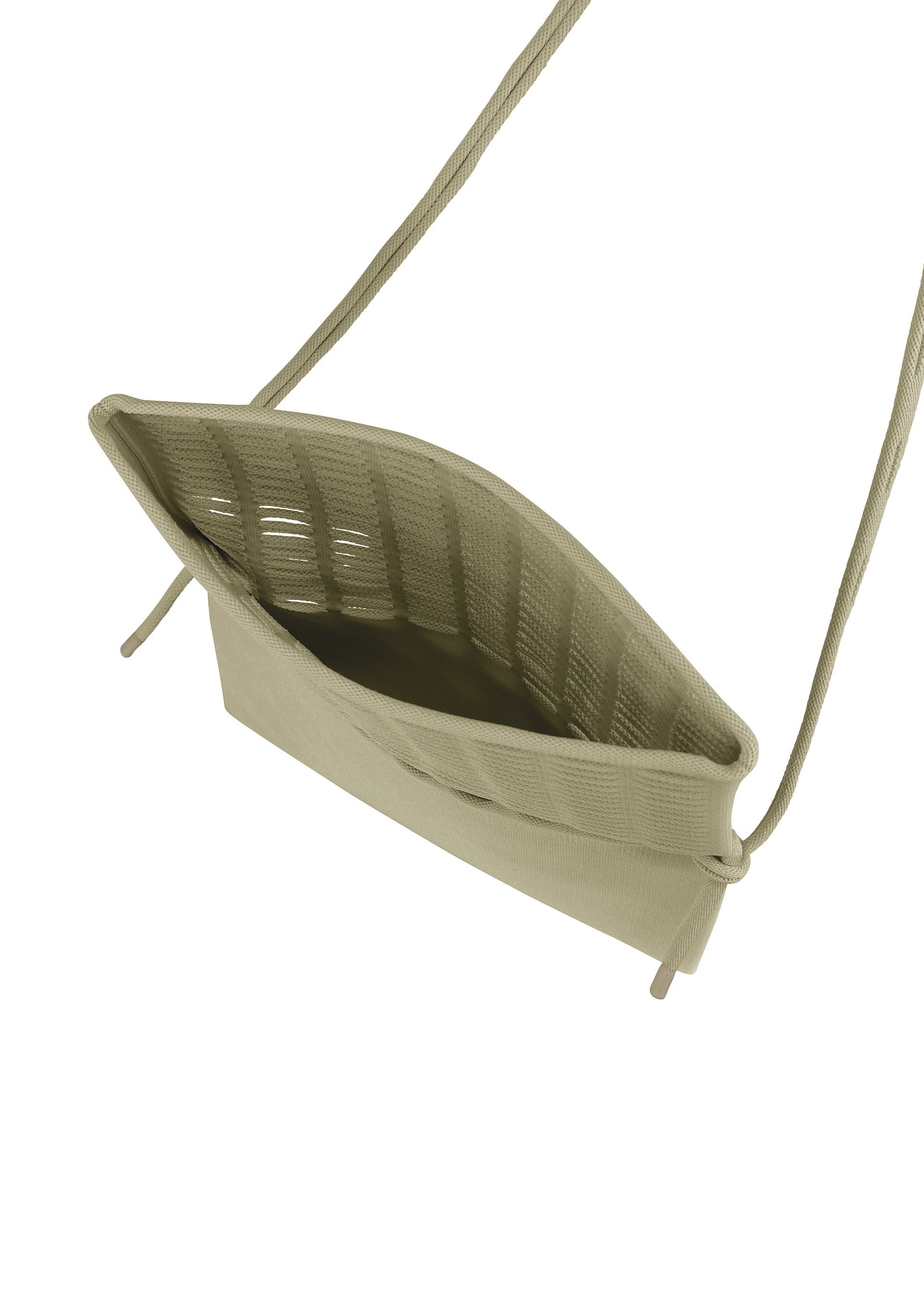 Zoomed view A top view of the open, empty MOKKO FLAP POUCH by GOOD GOODS ISSEY MIYAKE in light beige fabric with long drawstring straps shows its textured interior—ideal as a washable bag or casual shoulder bag.