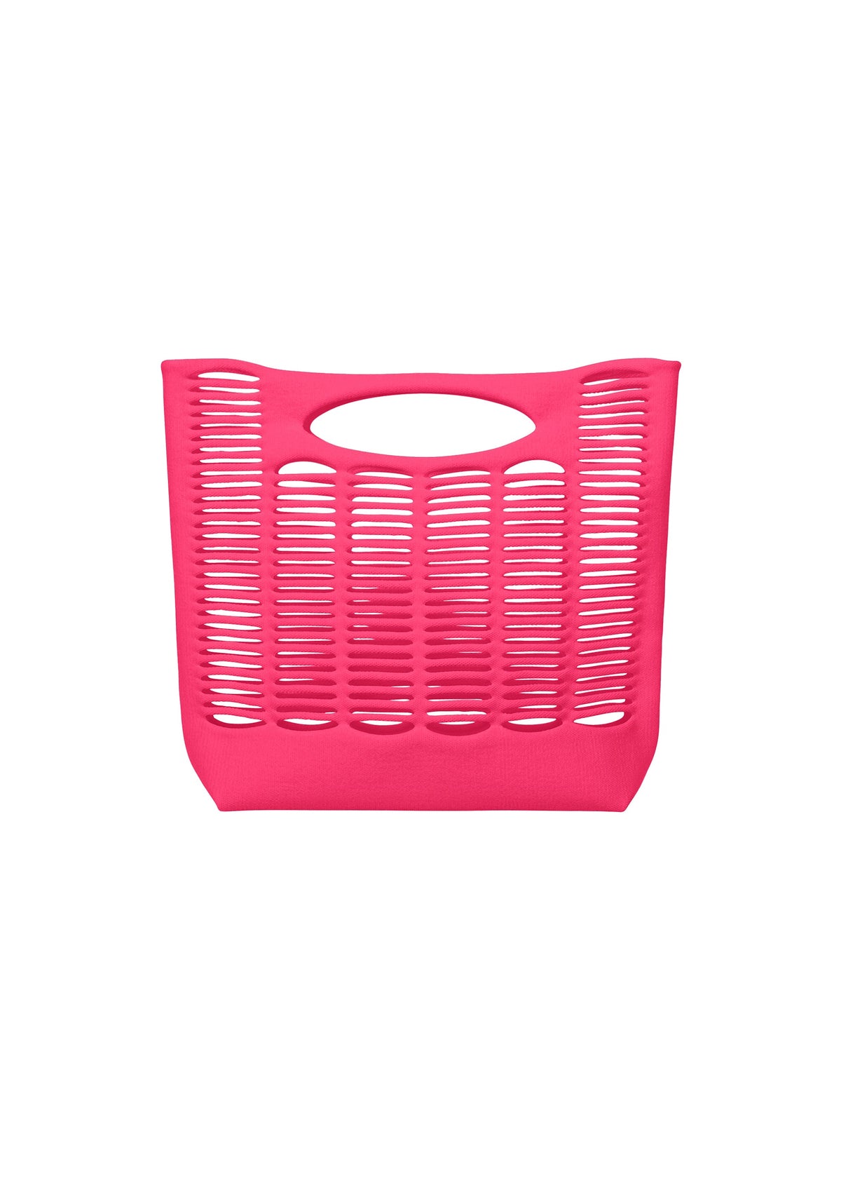 The MOKKO S.C. by GOOD GOODS ISSEY MIYAKE is a bright pink rectangular plastic basket with handles—a stylish and easy-to-clean alternative to knit tote bags for Spring Summer 2026, shown against a white background. view 1 of 8