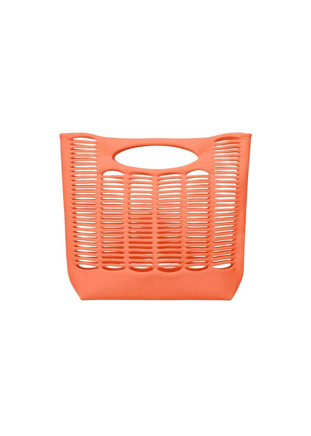 The MOKKO S.C. tote by GOOD GOODS ISSEY MIYAKE is an orange, rectangular bag with horizontal slits and an oval cut-out handle, featuring a modern open design for Spring Summer 2026, shown against a white background. view 2 of 8