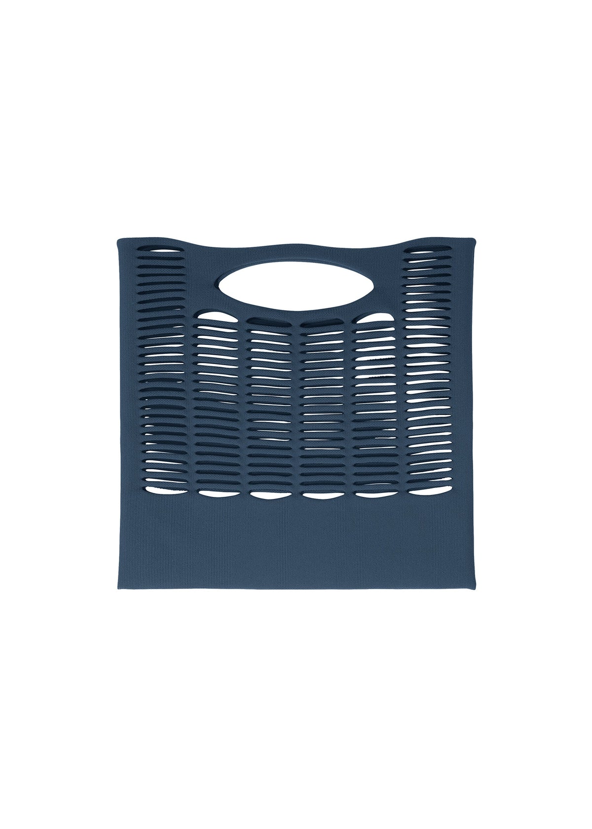 The MOKKO S.C. by GOOD GOODS ISSEY MIYAKE is a dark blue rectangular knit tote with an oval handle and horizontal cut-out slits, perfect for Spring Summer 2026, displayed against a plain white background. view 5 of 8