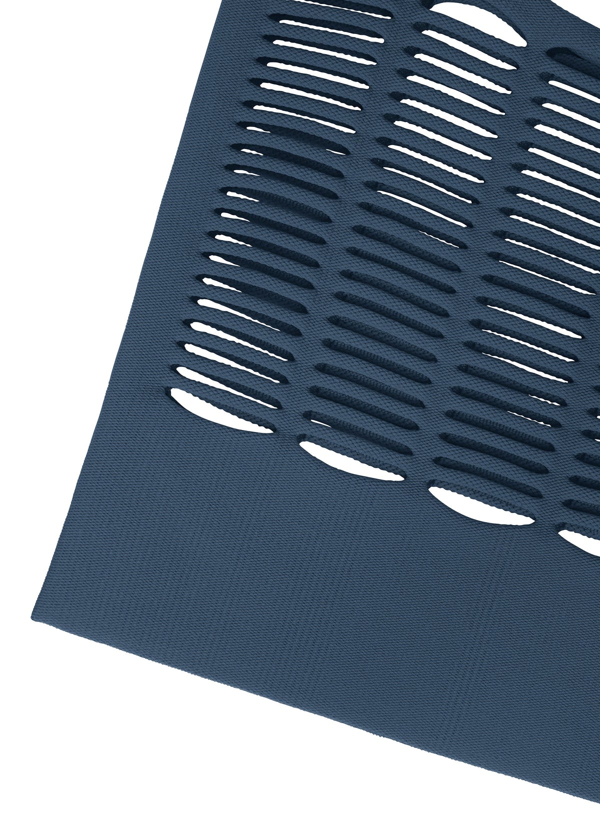 A close-up of the MOKKO S.C. dark blue knit tote bag by GOOD GOODS ISSEY MIYAKE, featuring evenly spaced oval cutouts in horizontal rows. Stylish and washable, this tote is ideal for Spring Summer 2026. view 6 of 8