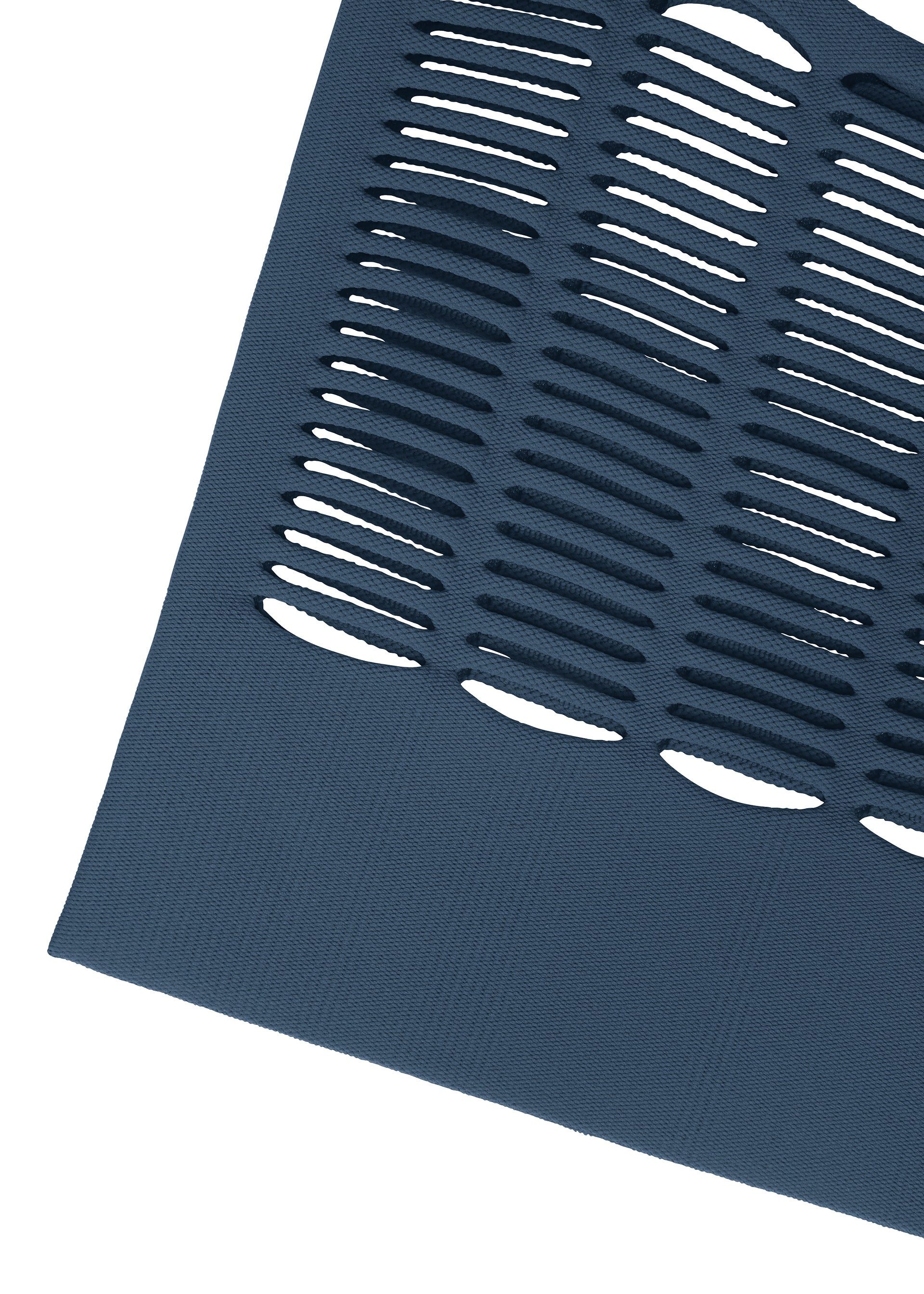 Zoomed view A close-up of the MOKKO S.C. dark blue knit tote bag by GOOD GOODS ISSEY MIYAKE, featuring evenly spaced oval cutouts in horizontal rows. Stylish and washable, this tote is ideal for Spring Summer 2026.