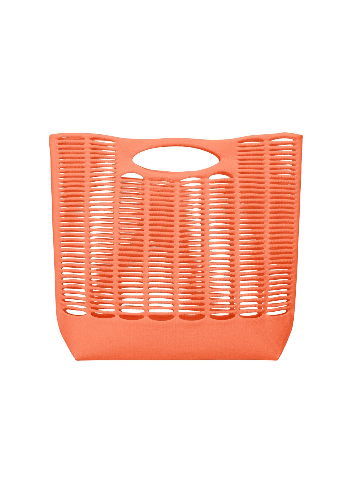 The MOKKO S.C. by GOOD GOODS ISSEY MIYAKE is a coral rectangular plastic knit tote with horizontal slits and an oval top handle, ideal for Spring/Summer 2026, washable, shown against a white background. view 2 of 8