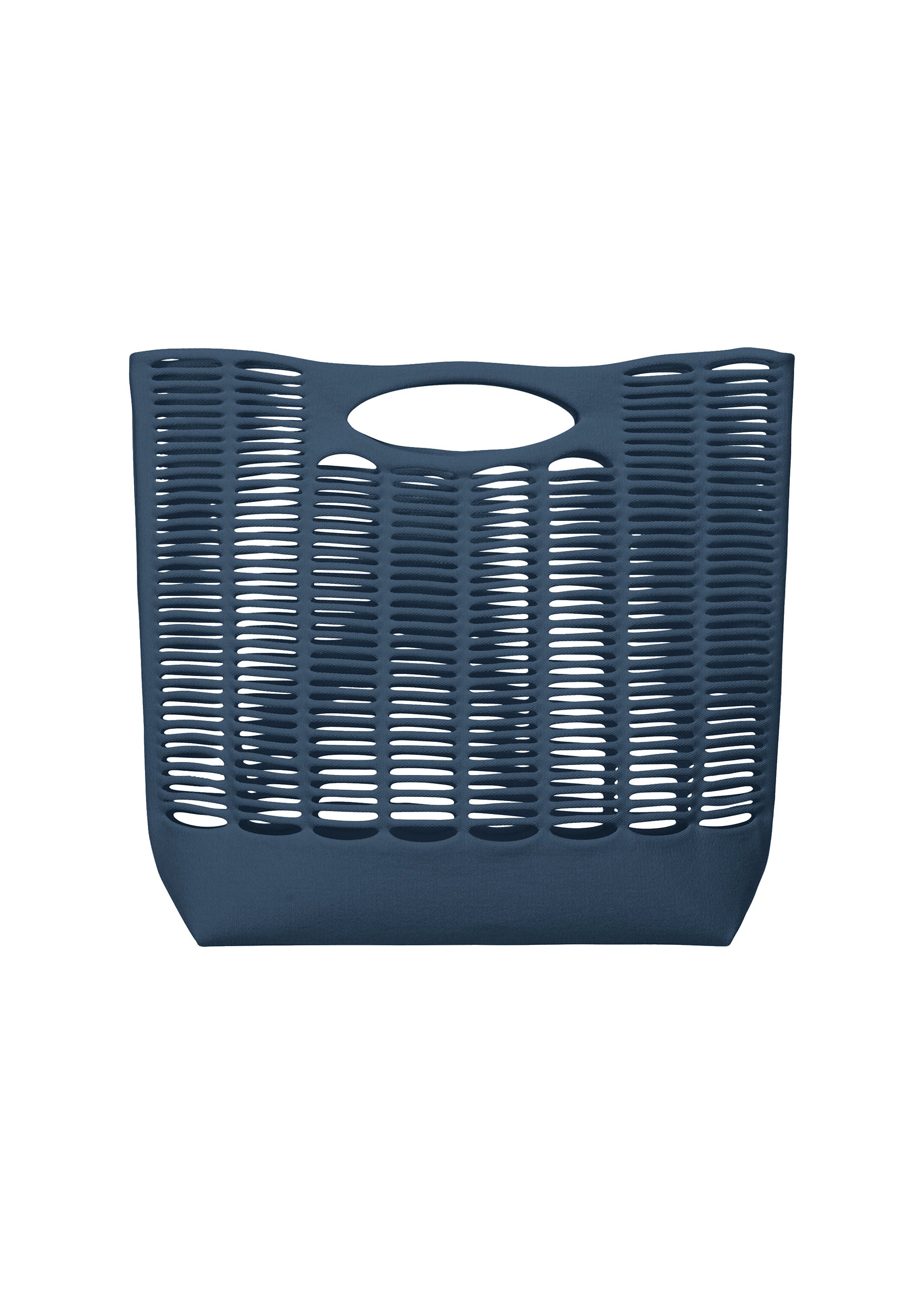 Zoomed view The MOKKO S.C. by GOOD GOODS ISSEY MIYAKE is a blue plastic tote basket with horizontal slits and an oval handle, ideal for Spring Summer 2026. - MARINE BLUE （no.79）