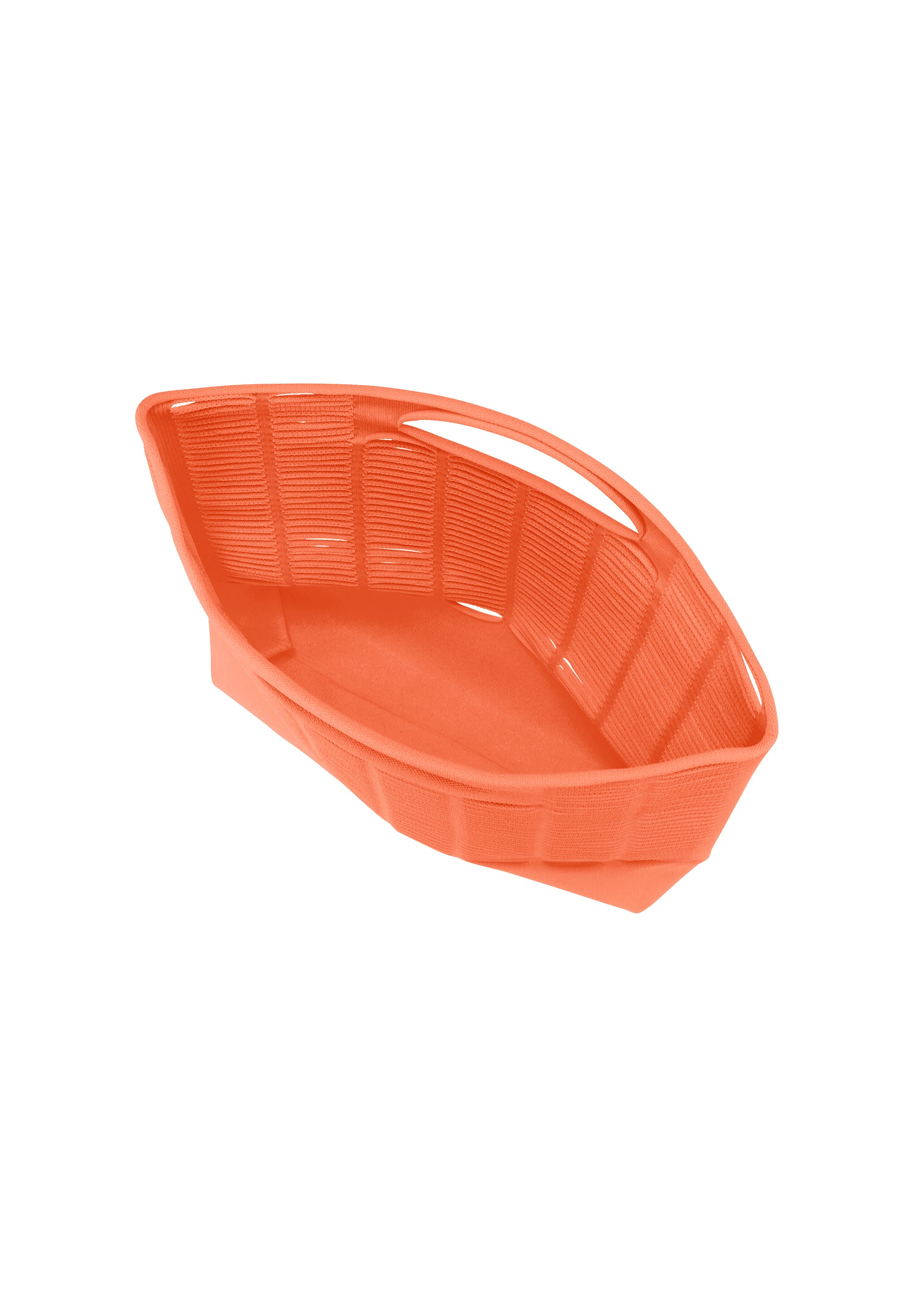 Zoomed view The MOKKO S.C. by GOOD GOODS ISSEY MIYAKE is a bright orange, oval plastic basket with a handle and open-weave sides—evoking a knit tote. Easy to clean and washable, it's perfect for Spring Summer 2026 style, shown on a white background.