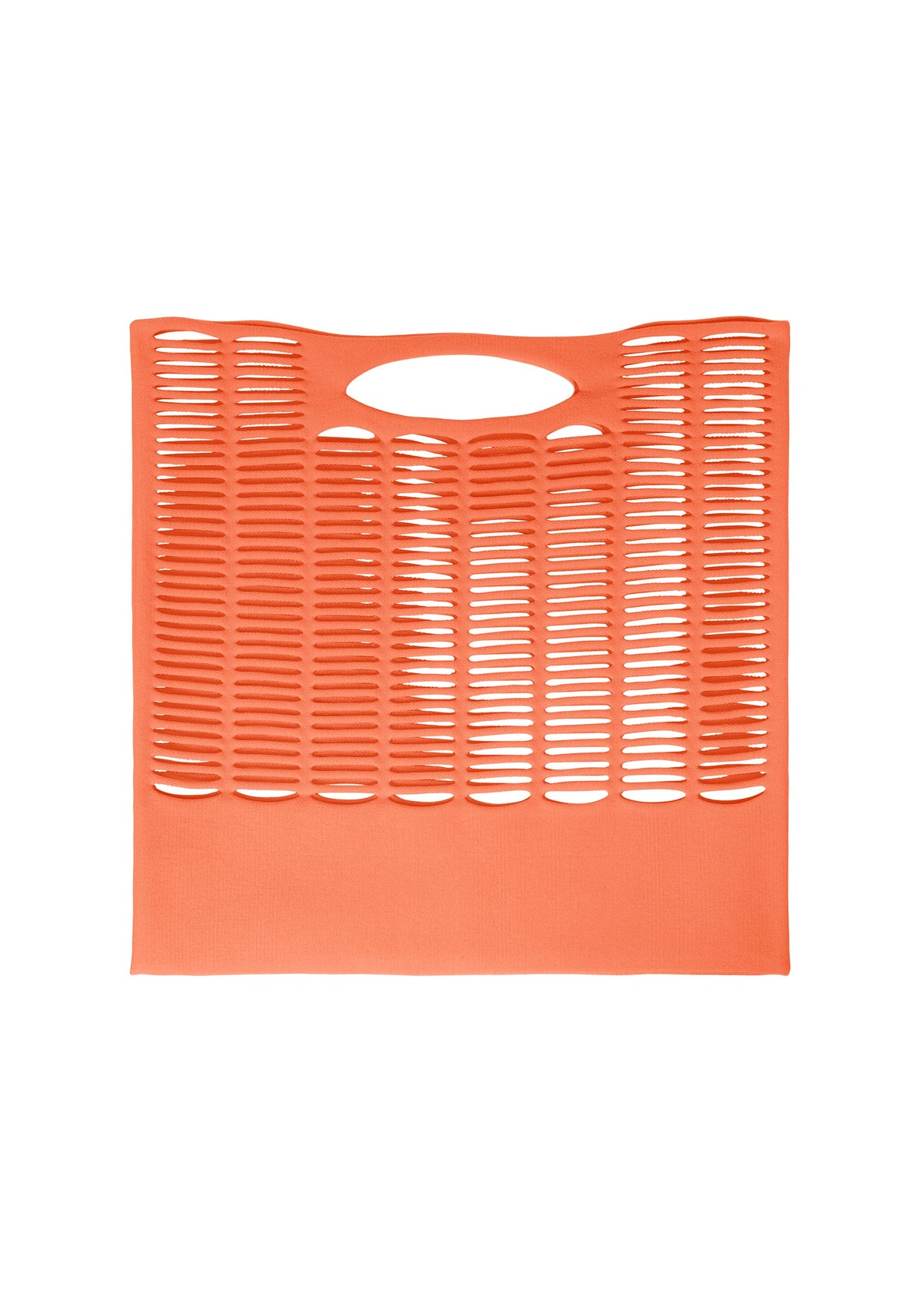 The MOKKO S.C. tote by GOOD GOODS ISSEY MIYAKE is an orange rectangular knit bag with horizontal slits, a built-in oval handle, and a washable design—ideal for Spring Summer 2026 and shown on a white background. view 5 of 8