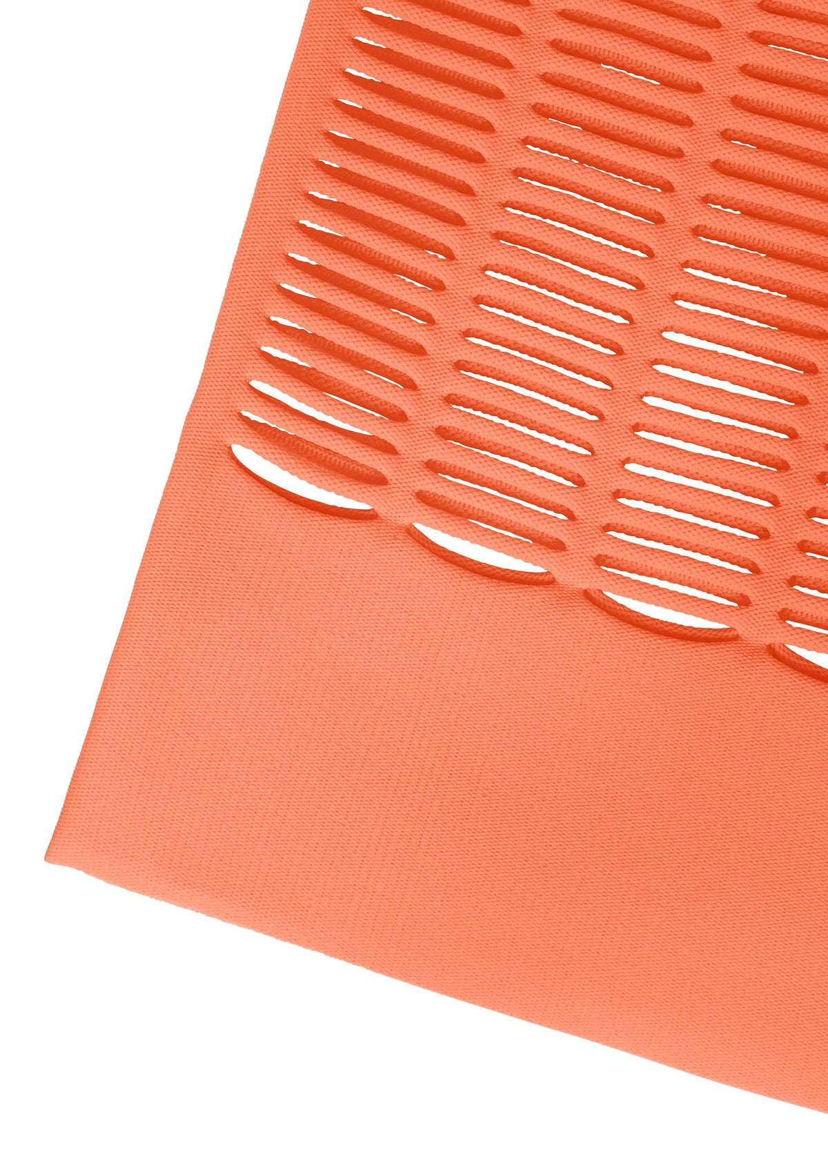Close-up of the MOKKO S.C. knit tote bag by GOOD GOODS ISSEY MIYAKE, featuring an orange textured surface with horizontal slits and angled edge—showcasing a bold, flexible, washable design for Spring Summer 2026. view 6 of 8