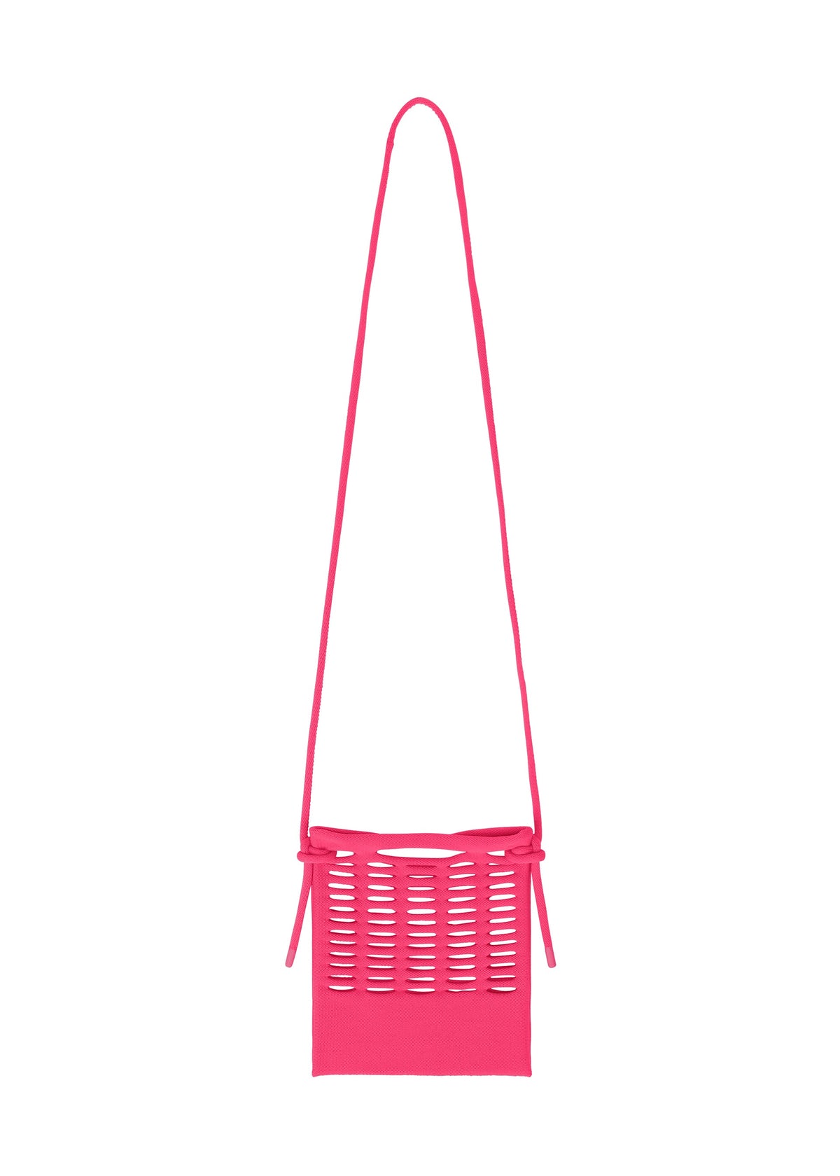 The MOKKO S.C. by GOOD GOODS ISSEY MIYAKE is a bright pink crossbody bag with a long detachable strap and rectangular body with horizontal front cut-outs—a simple, modern knit pochette ideal for Spring Summer 2026, shown on a white background. view 1 of 7
